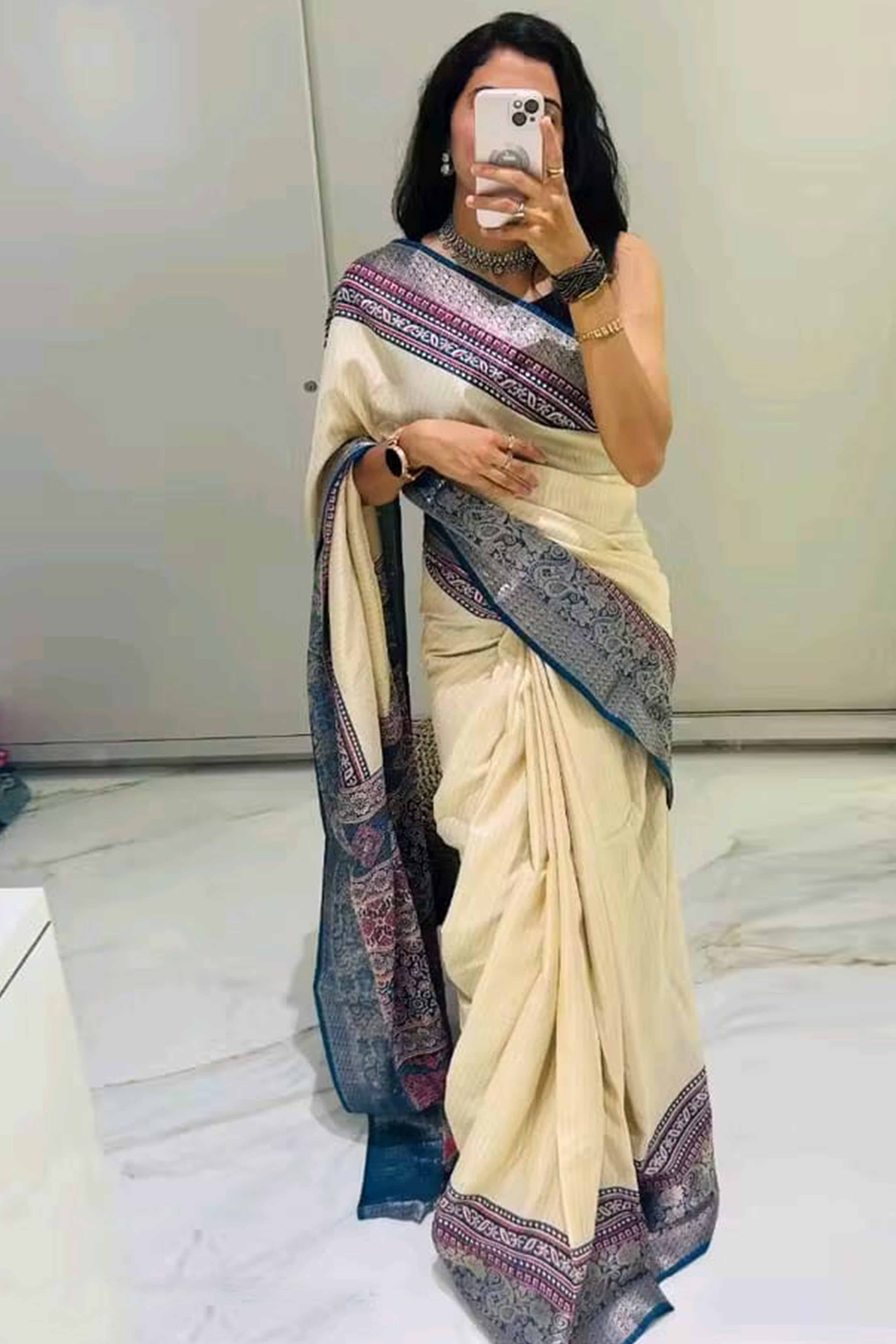 Classic Cream Zari Weaving Dola Silk Saree with Elegant Shine and Traditional Design