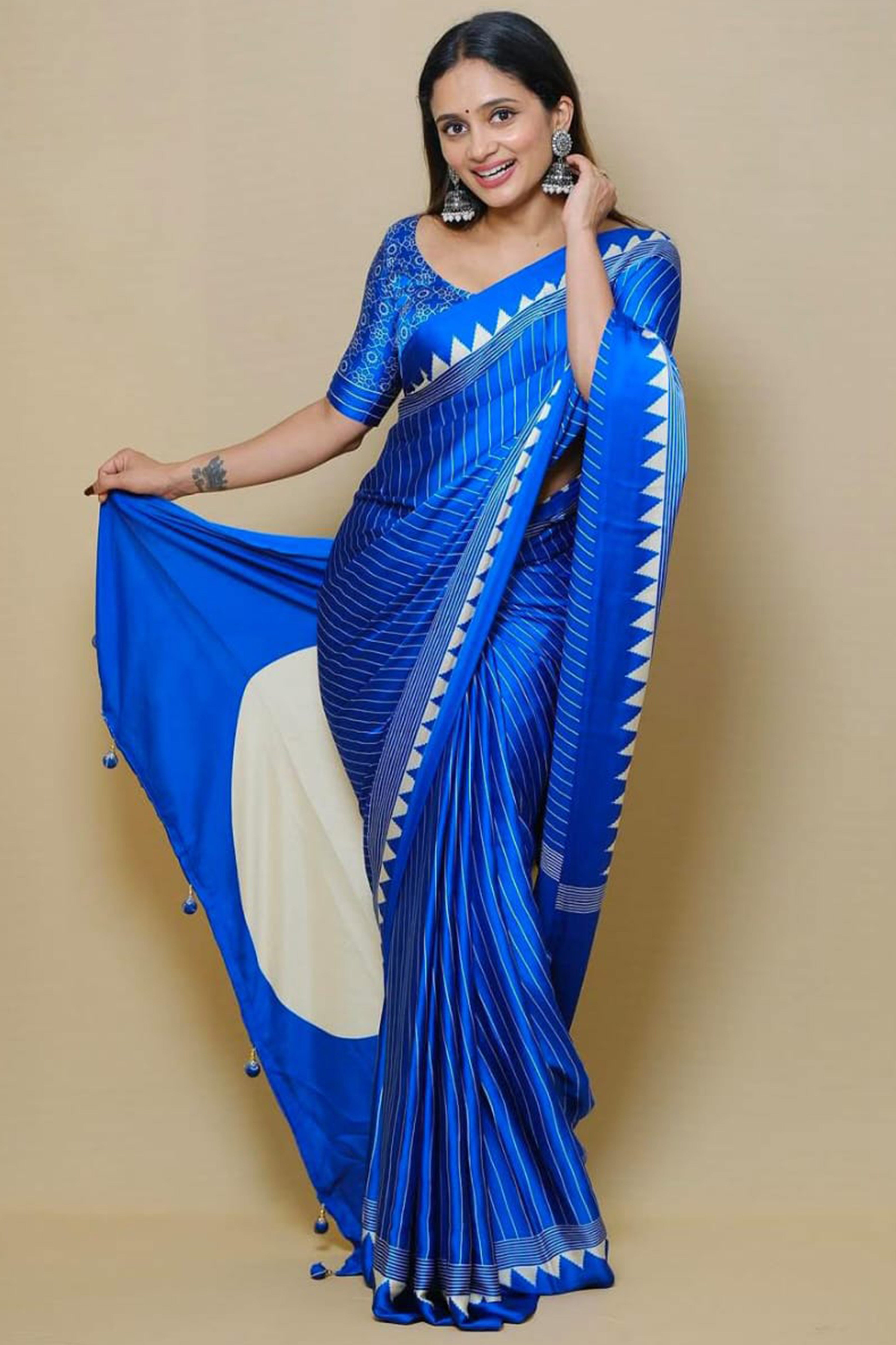 Blue Crepe Saree with Bold Striped Print and Smooth Finish for Partywear