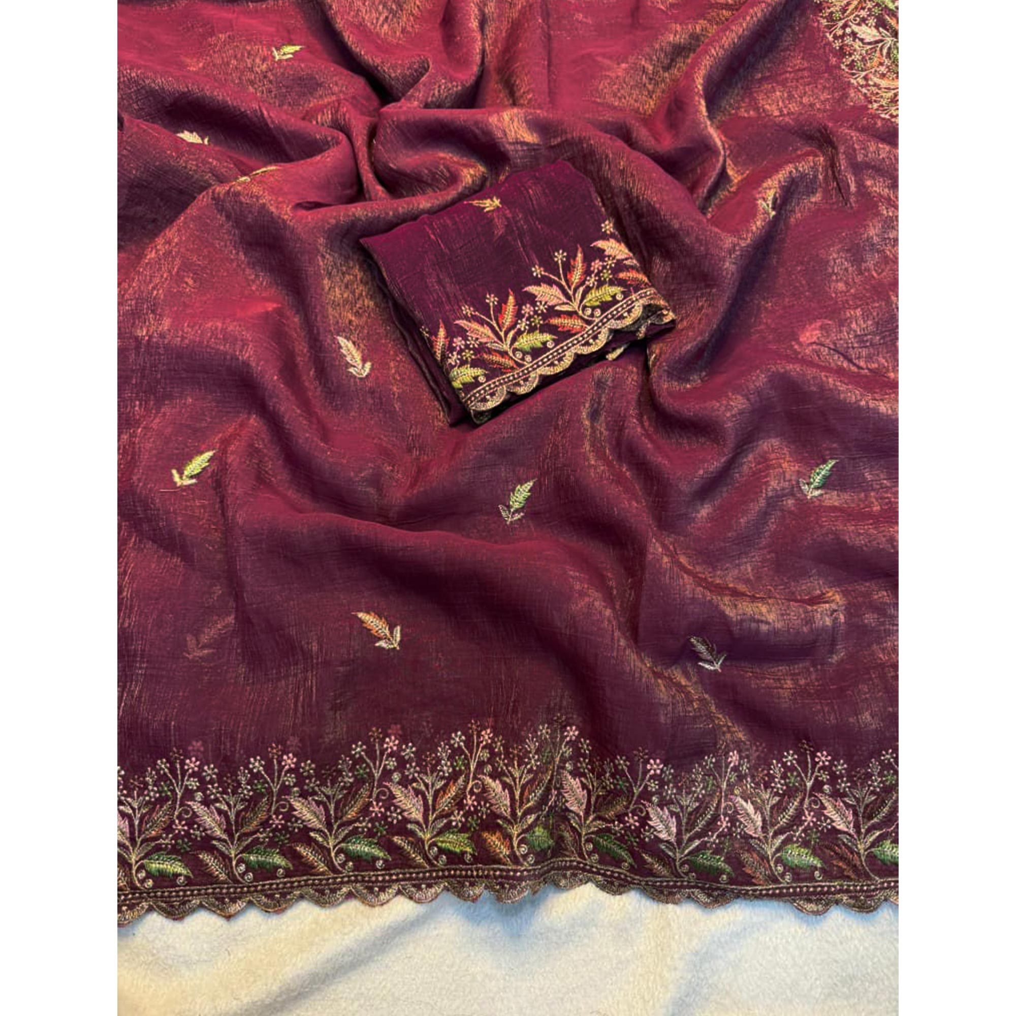 Mesmerizing Maroon Chiffon Saree Showcasing Artistic Floral Embroidery For A Luxurious Appeal