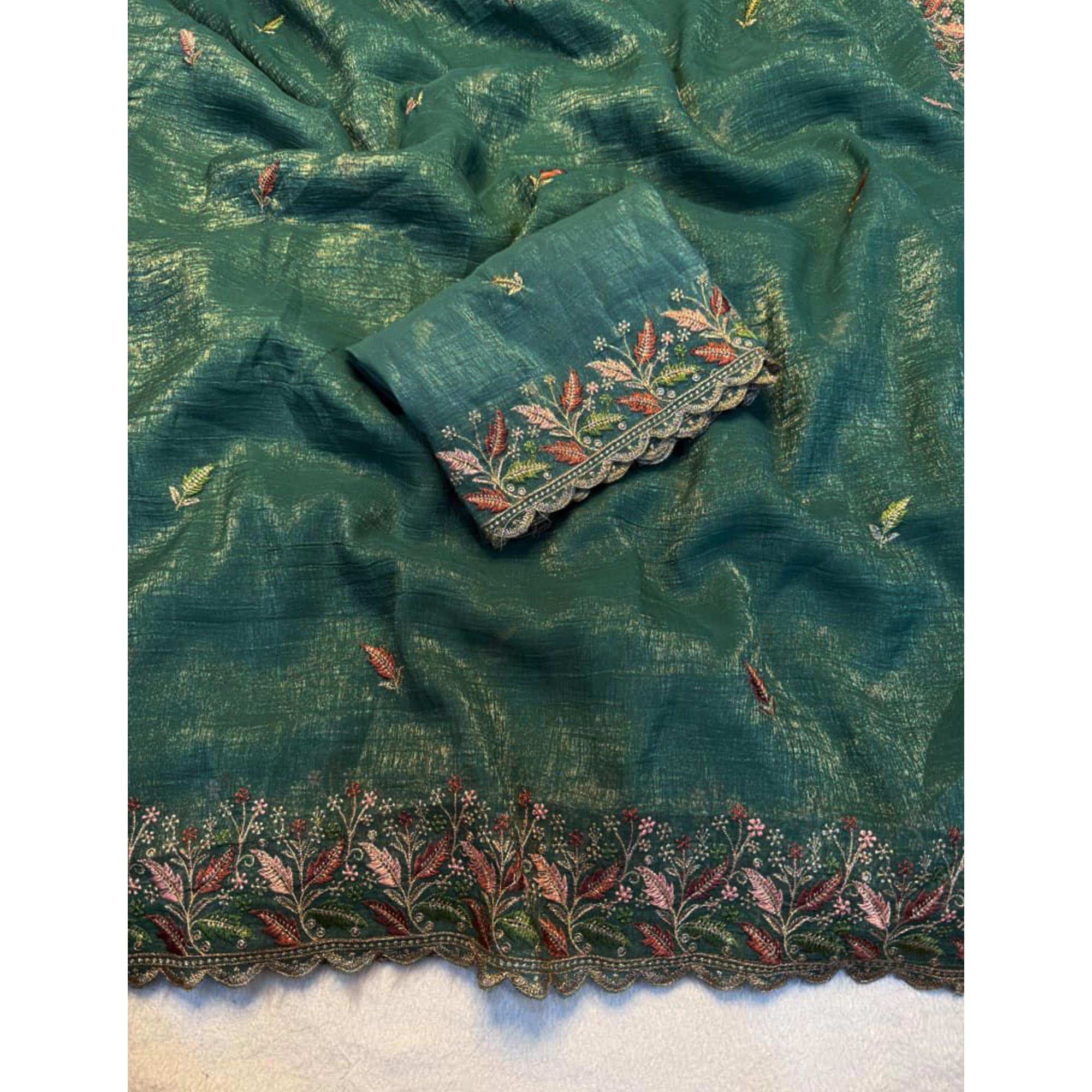 Mesmerizing Rama Green Chiffon Saree Showcasing Artistic Floral Embroidery For A Luxurious Appeal