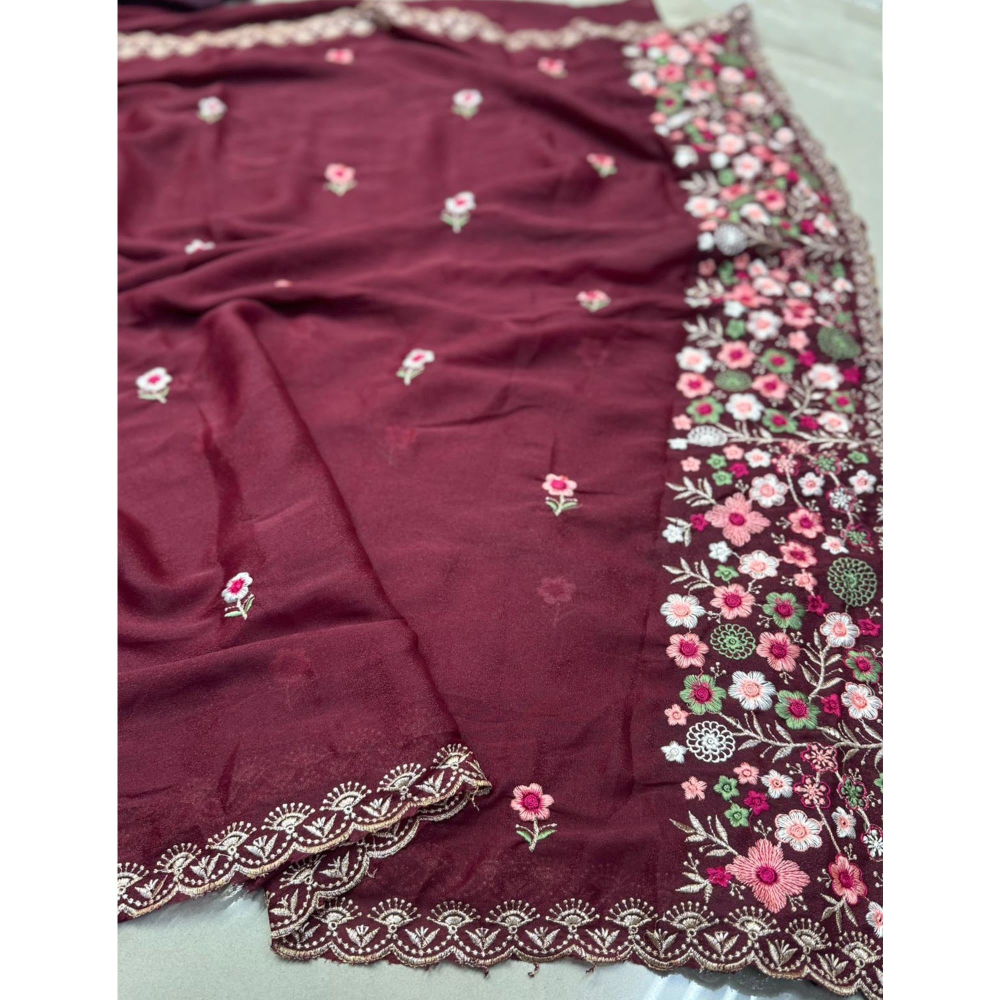 Graceful Maroon Georgette Saree Featuring Exquisite Floral Thread Embroidery Work