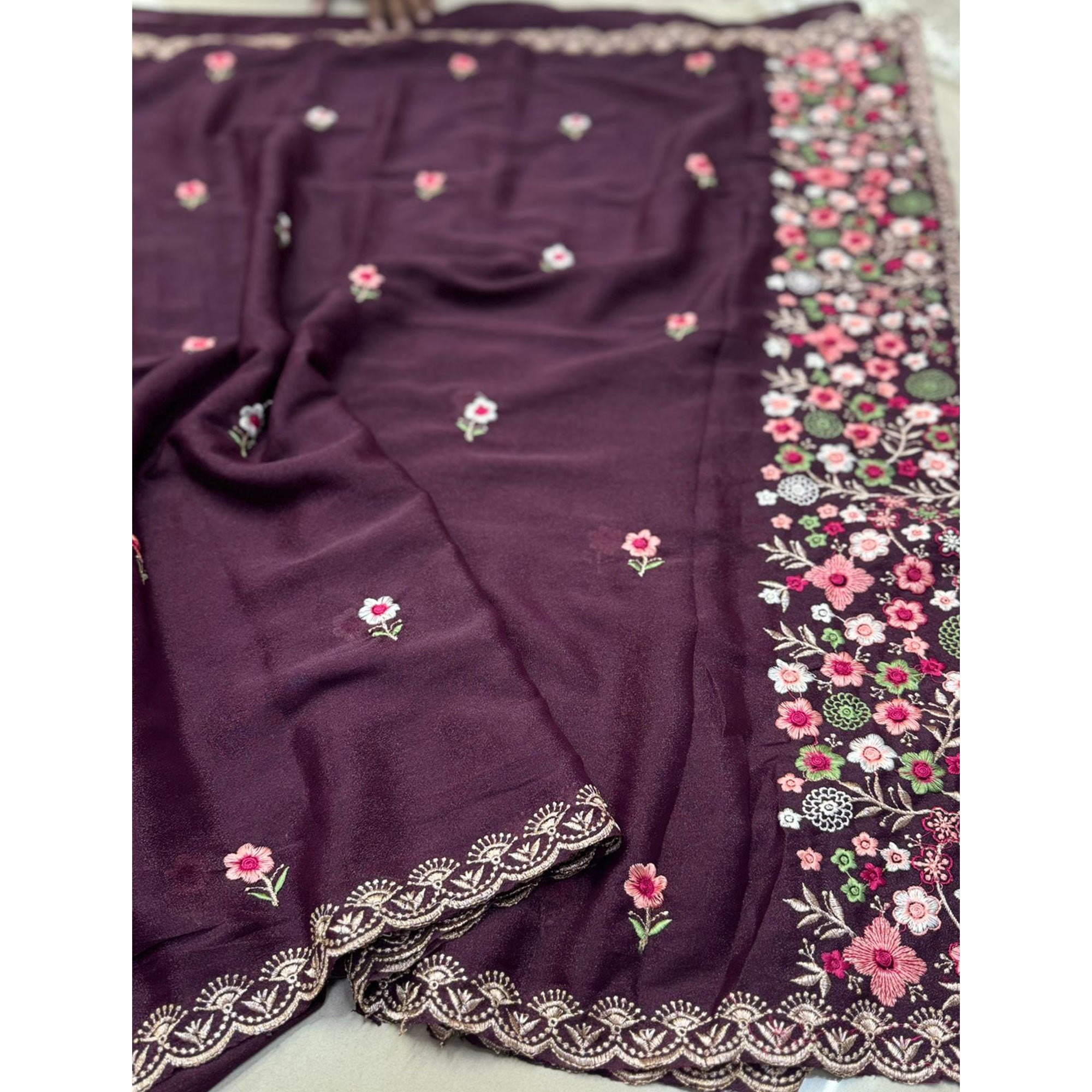Graceful Wine Georgette Saree Featuring Exquisite Floral Thread Embroidery Work