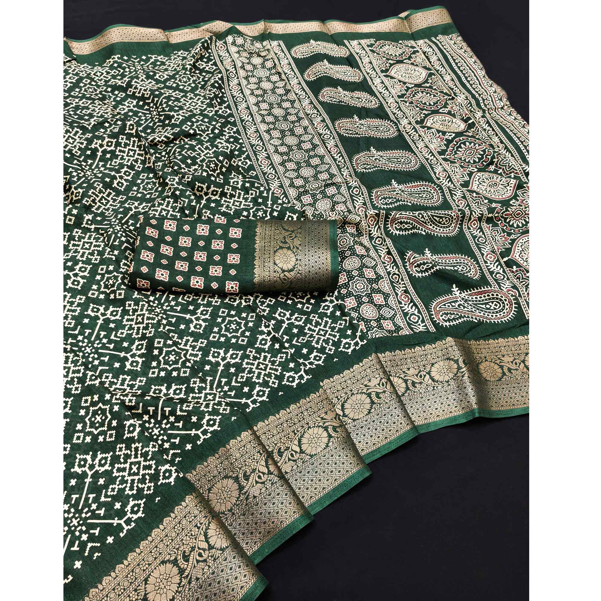 Contemporary Green Geometric Mill Printed Dola Silk Saree With Ornate Floral Zari Border