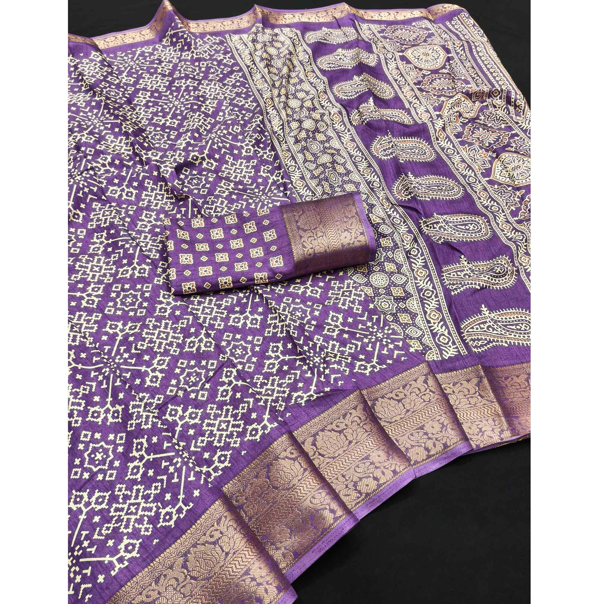 Contemporary Lavender Geometric Mill Printed Dola Silk Saree With Ornate Floral Zari Border