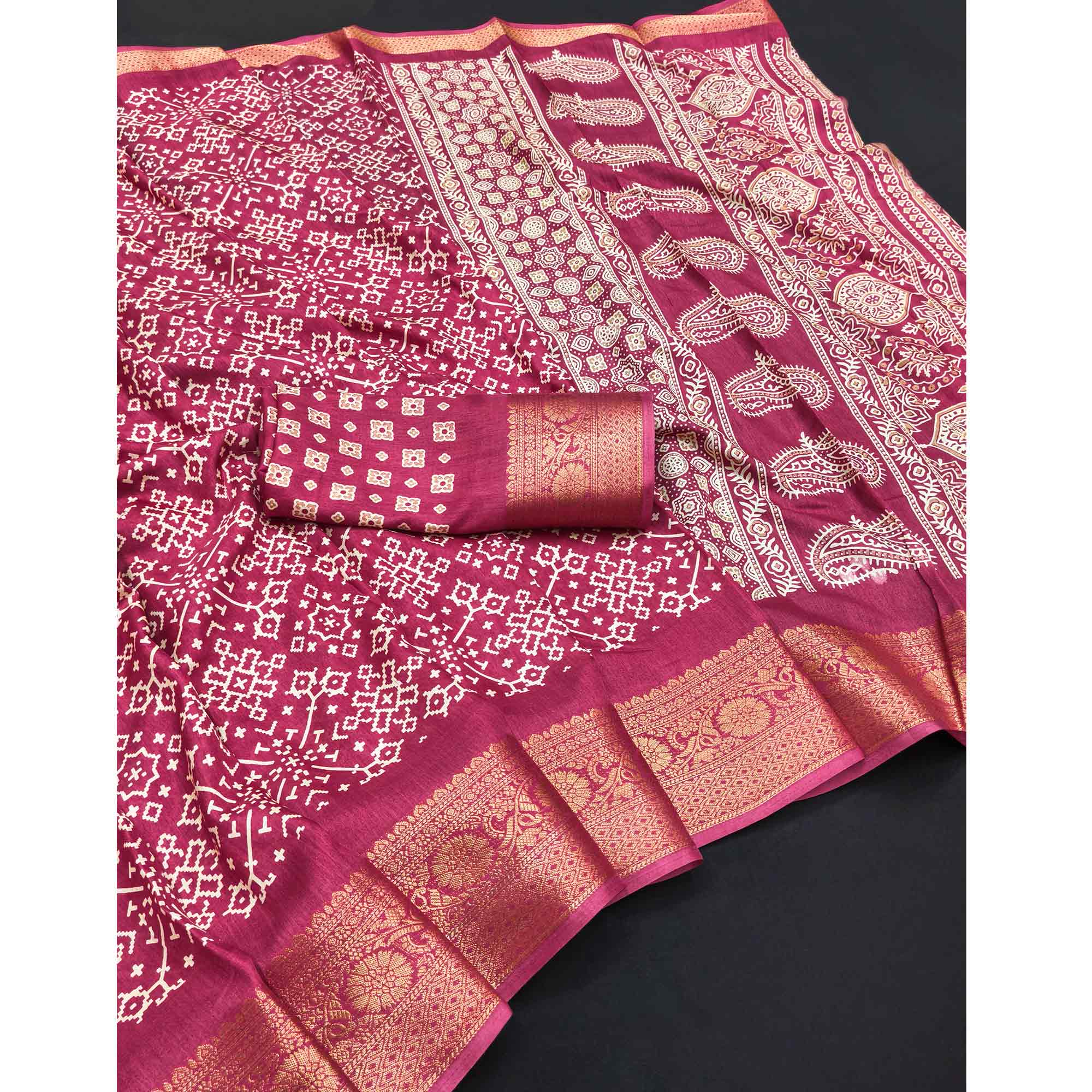 Contemporary Magenta Geometric Mill Printed Dola Silk Saree With Ornate Floral Zari Border