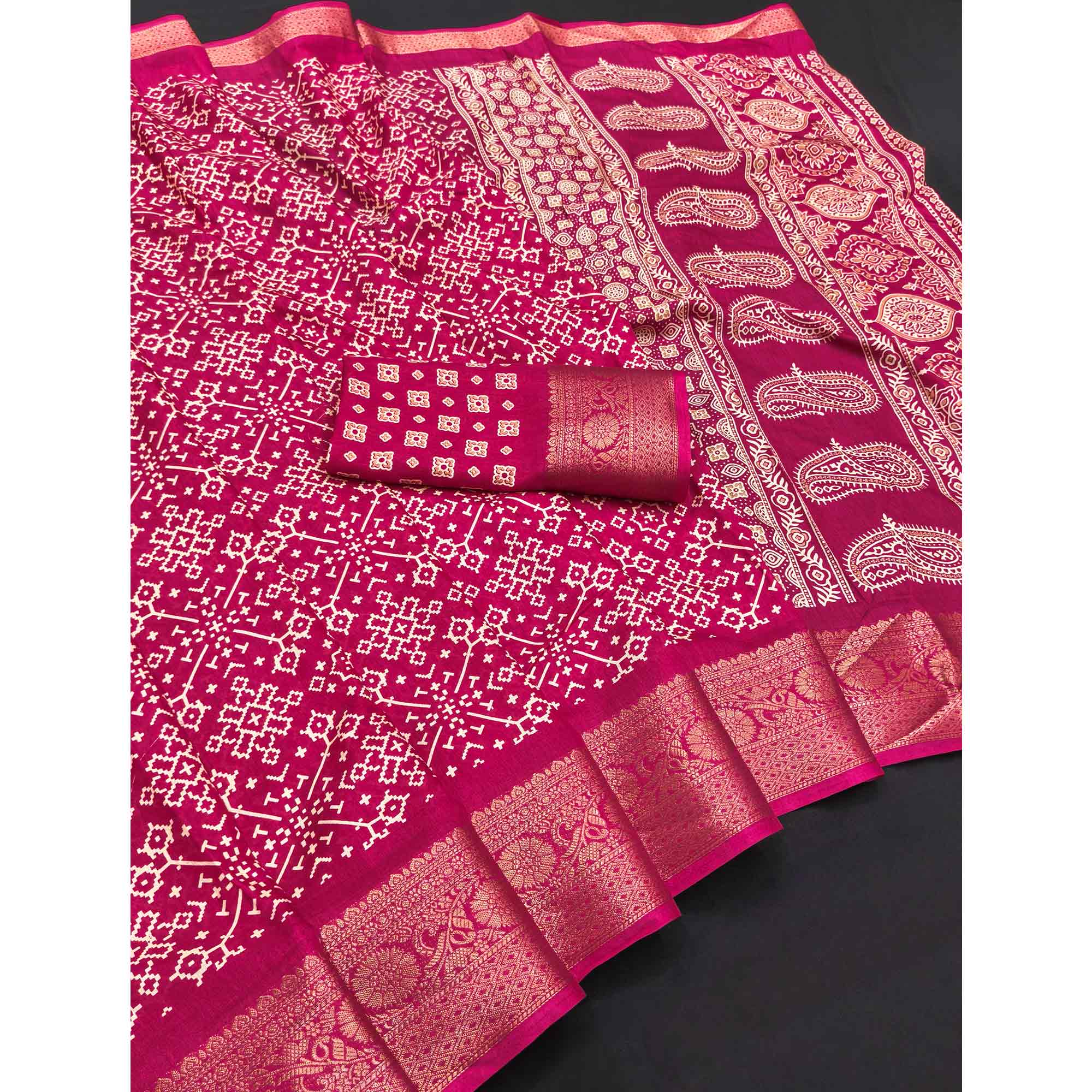 Contemporary Rani Pink Geometric Mill Printed Dola Silk Saree With Ornate Floral Zari Border
