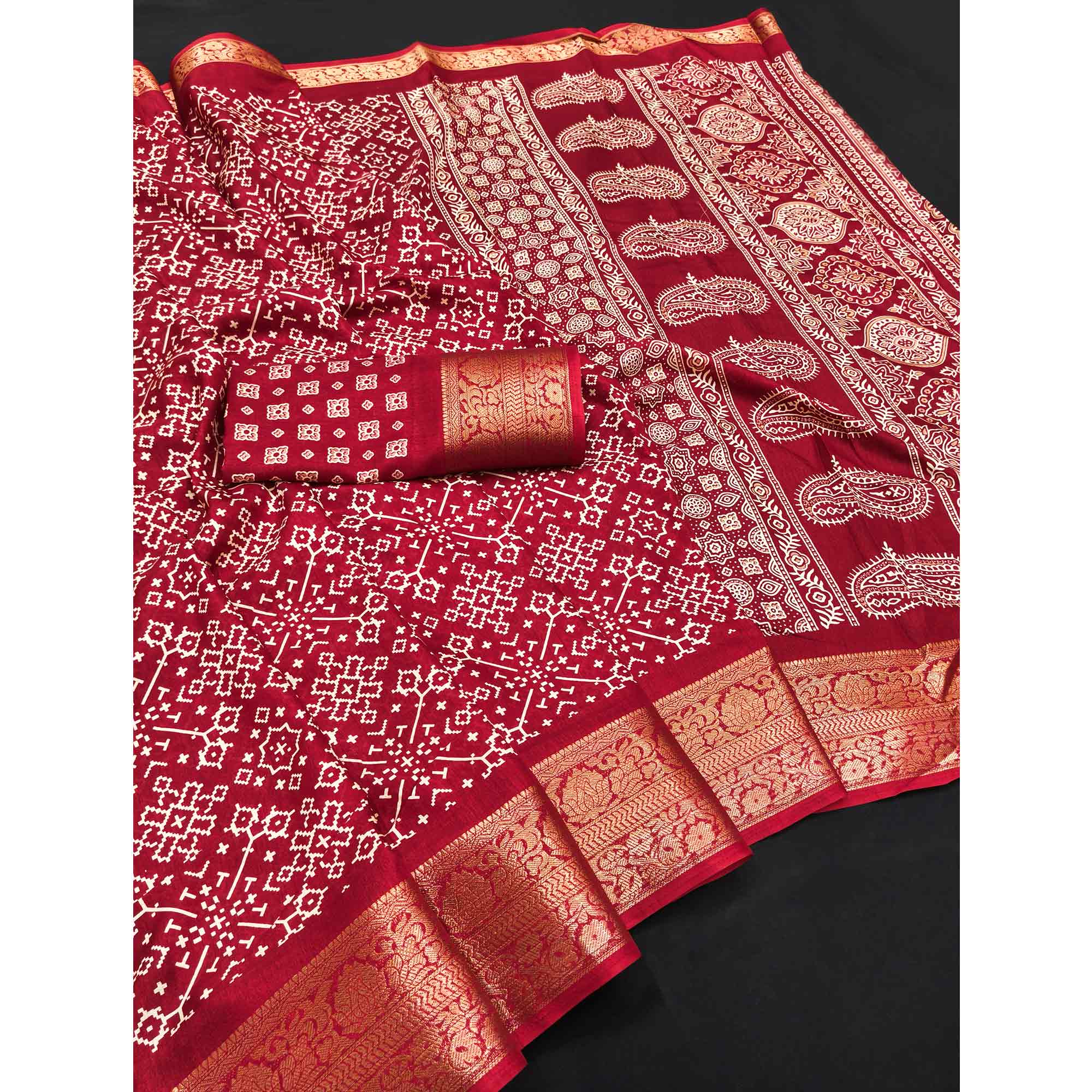 Contemporary Red Geometric Mill Printed Dola Silk Saree With Ornate Floral Zari Border