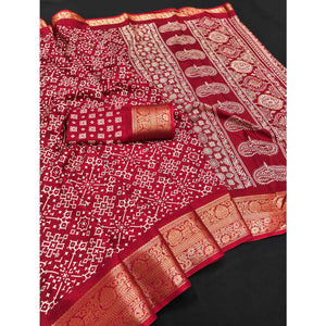Contemporary Red Geometric Mill Printed Dola Silk Saree With Ornate Floral Zari Border