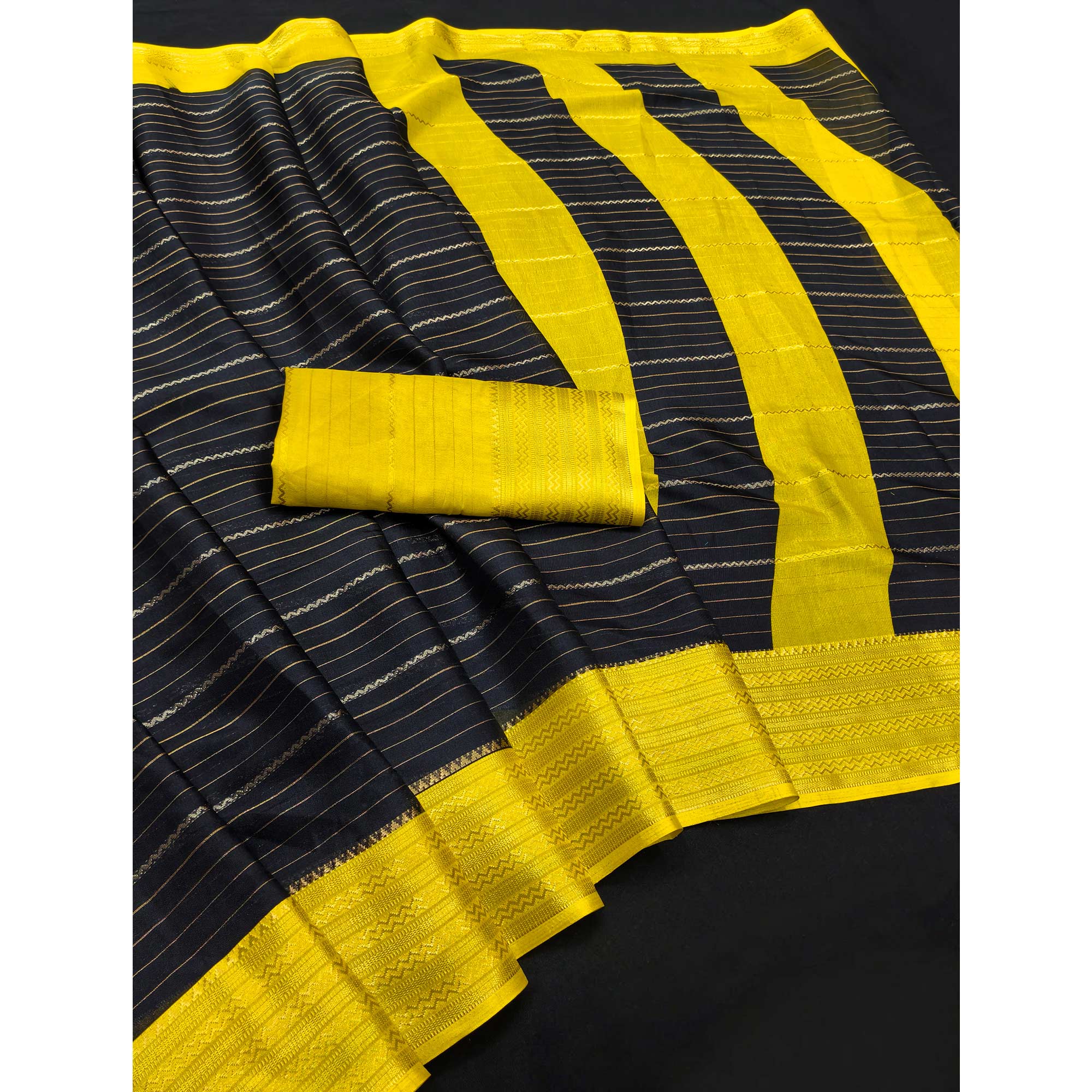 Black Jacquard Saree With Contemporary Striped Pattern Accented By Rich Zari Weaving