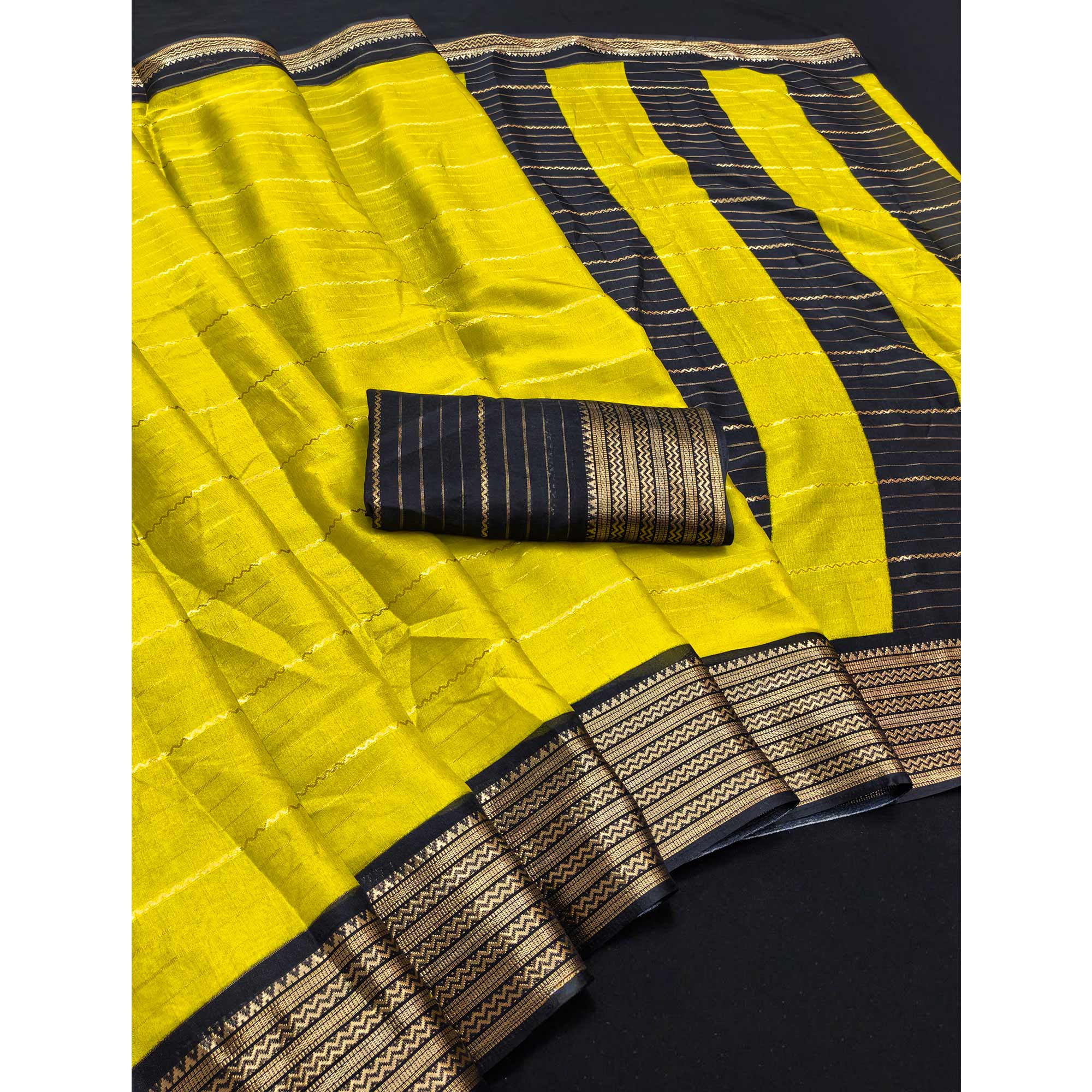 Lemon Yellow Jacquard Saree With Contemporary Striped Pattern Accented By Rich Zari Weaving