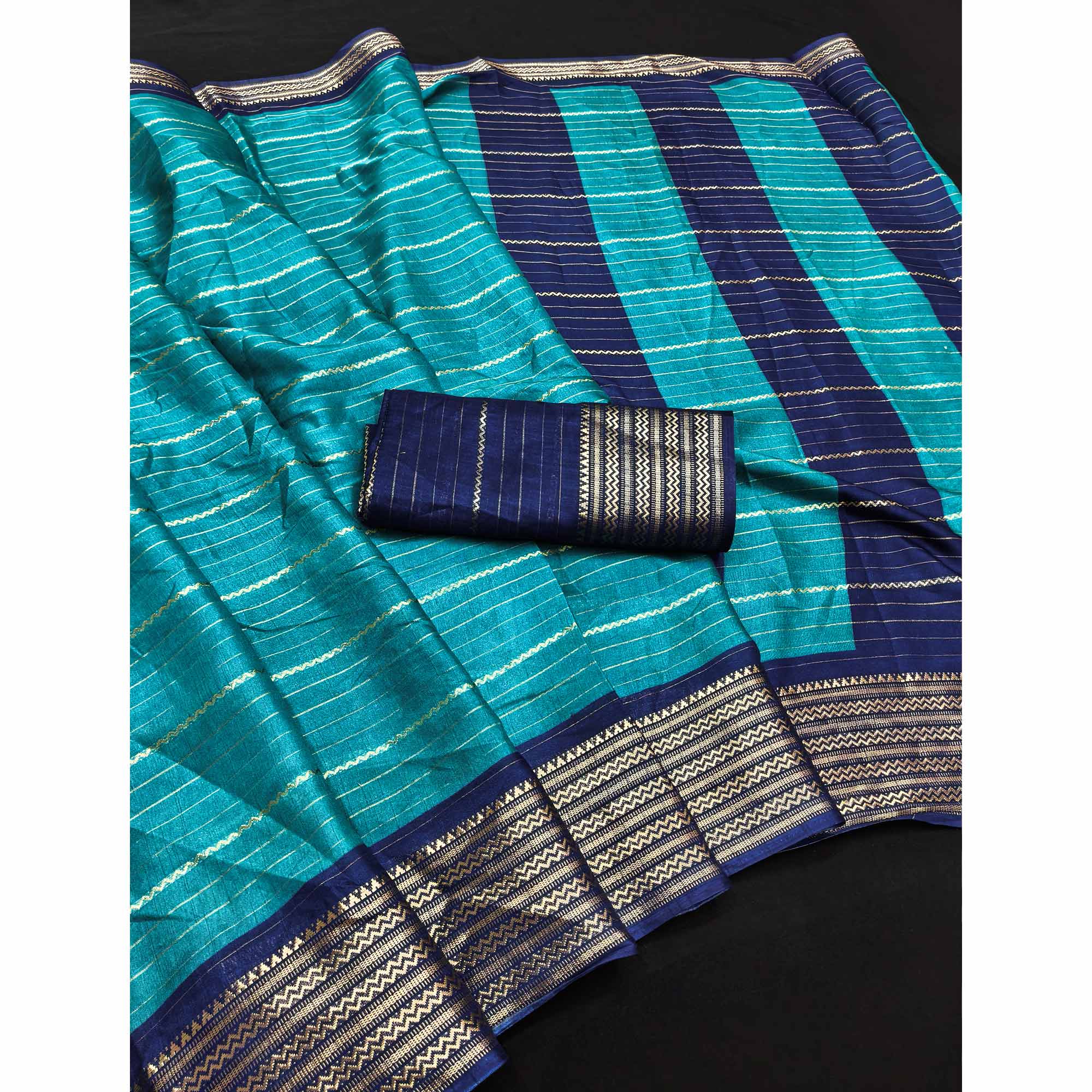 Turquoise Jacquard Saree With Contemporary Striped Pattern Accented By Rich Zari Weaving