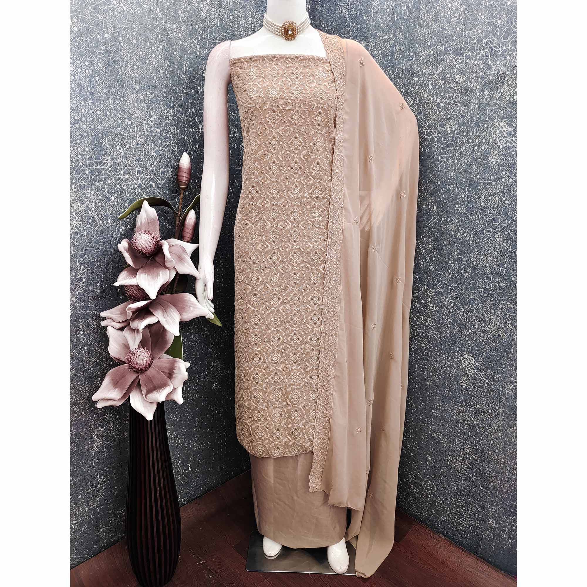 Stunning Brown Floral Embroidery With Sparkling Sequins Work Georgette Dress Material