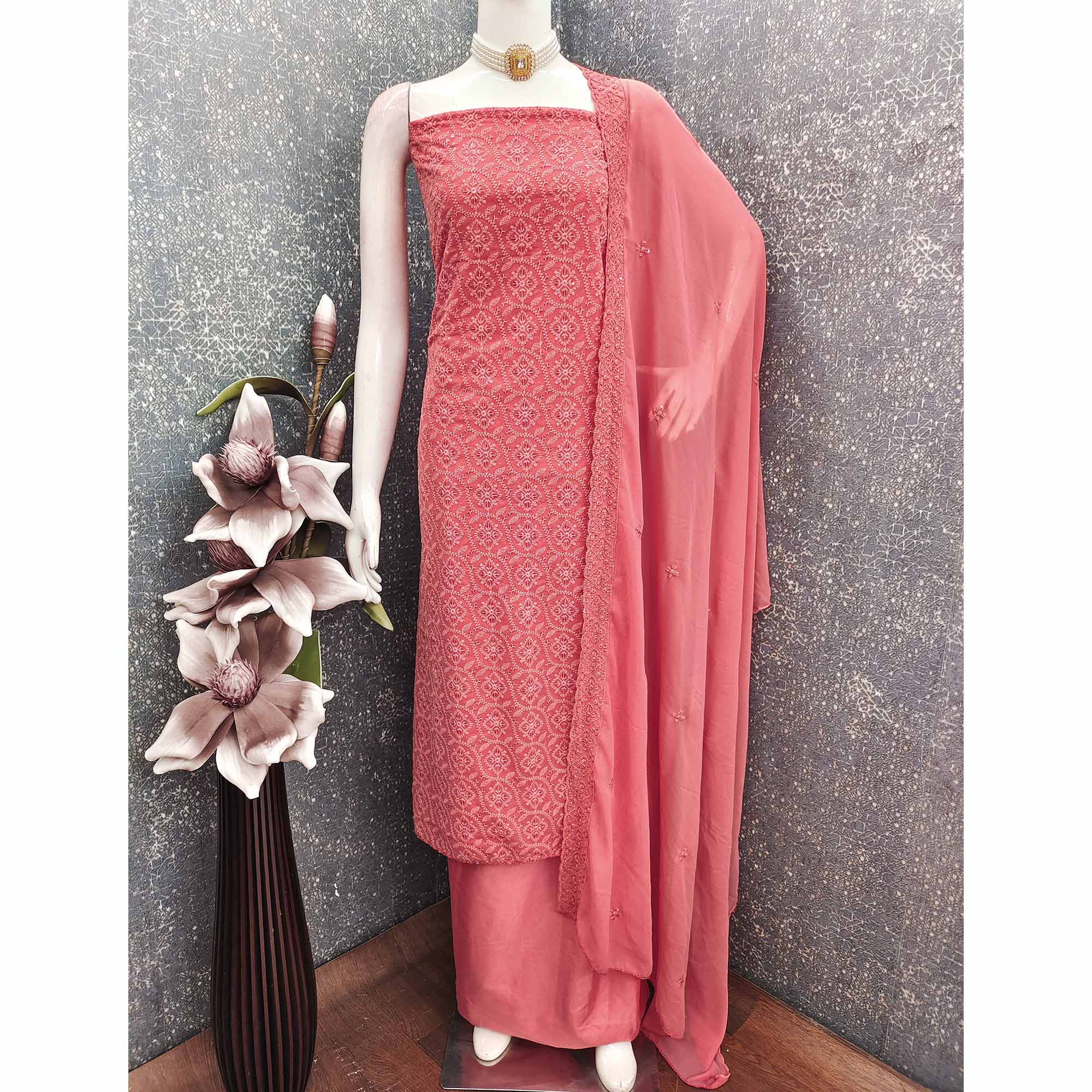 Stunning Coral Pink Floral Embroidery With Sparkling Sequins Work Georgette Dress Material