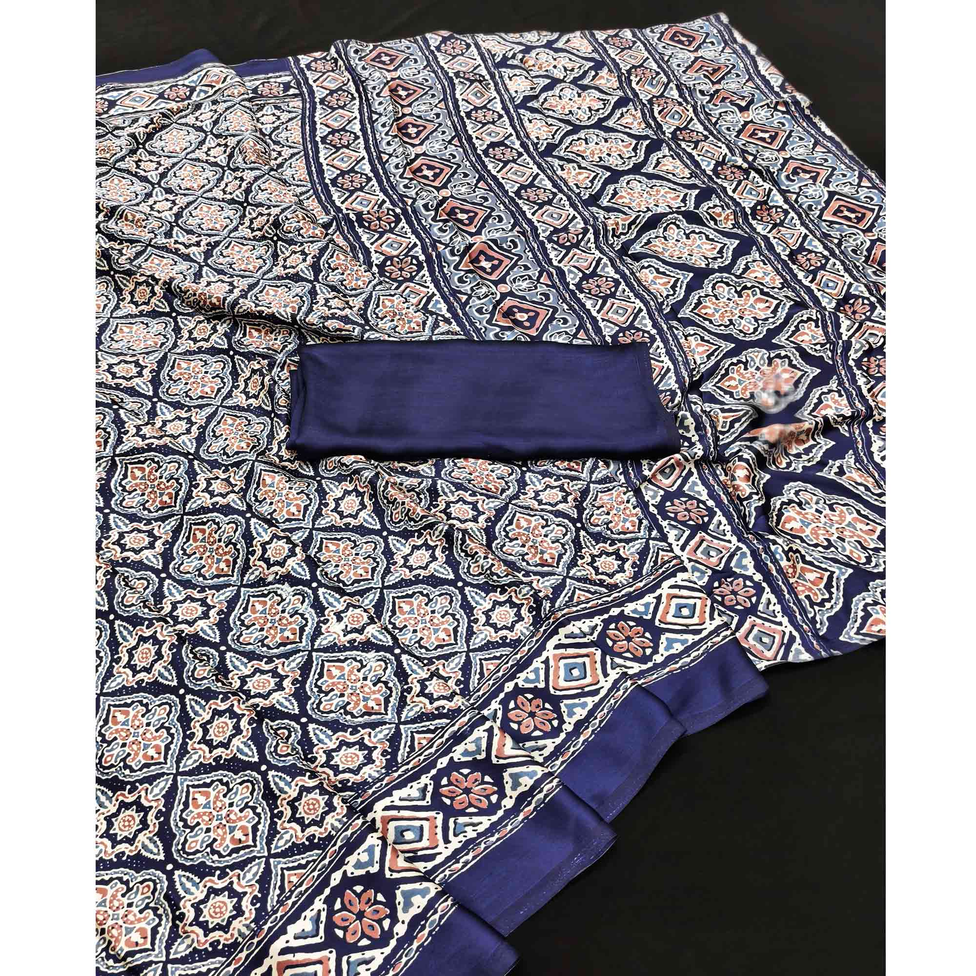 Charming Navy Blue Mill Printed Crepe Silk Saree Adorned With Vibrant Floral Design