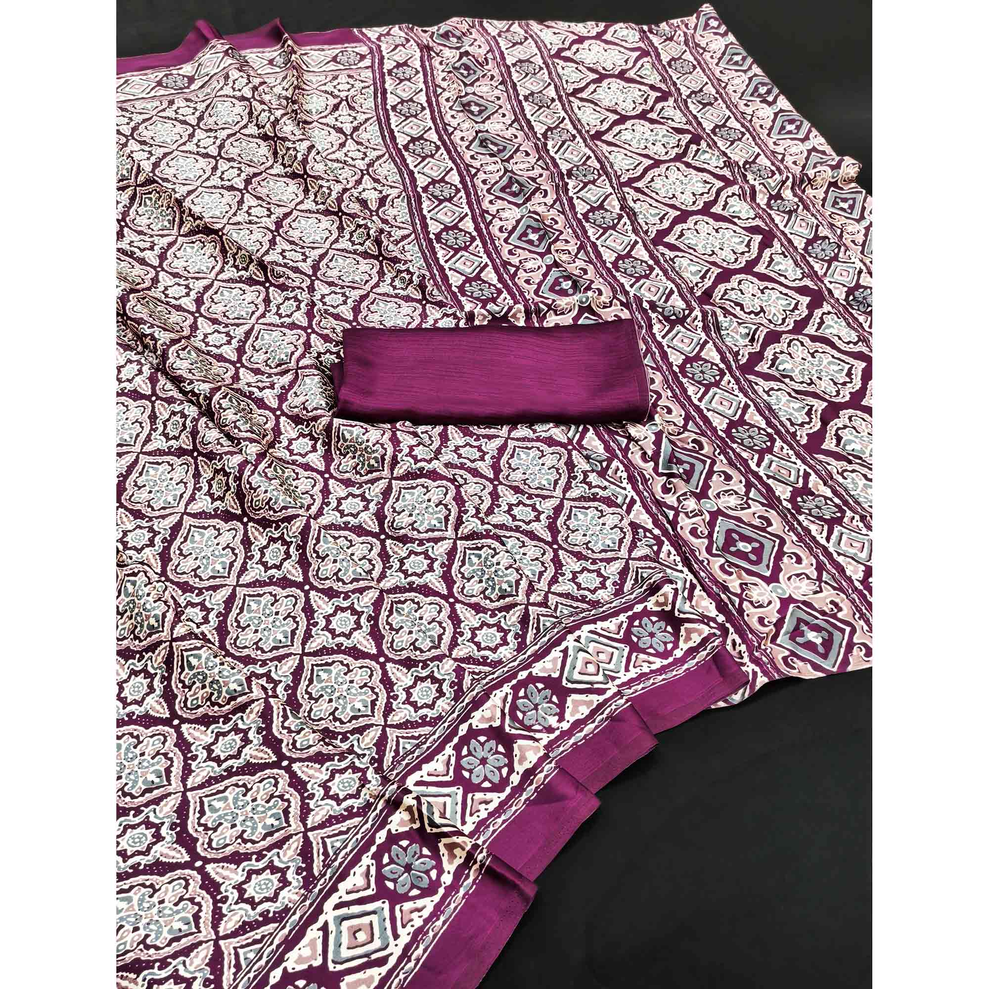 Charming Purple Mill Printed Crepe Silk Saree Adorned With Vibrant Floral Design