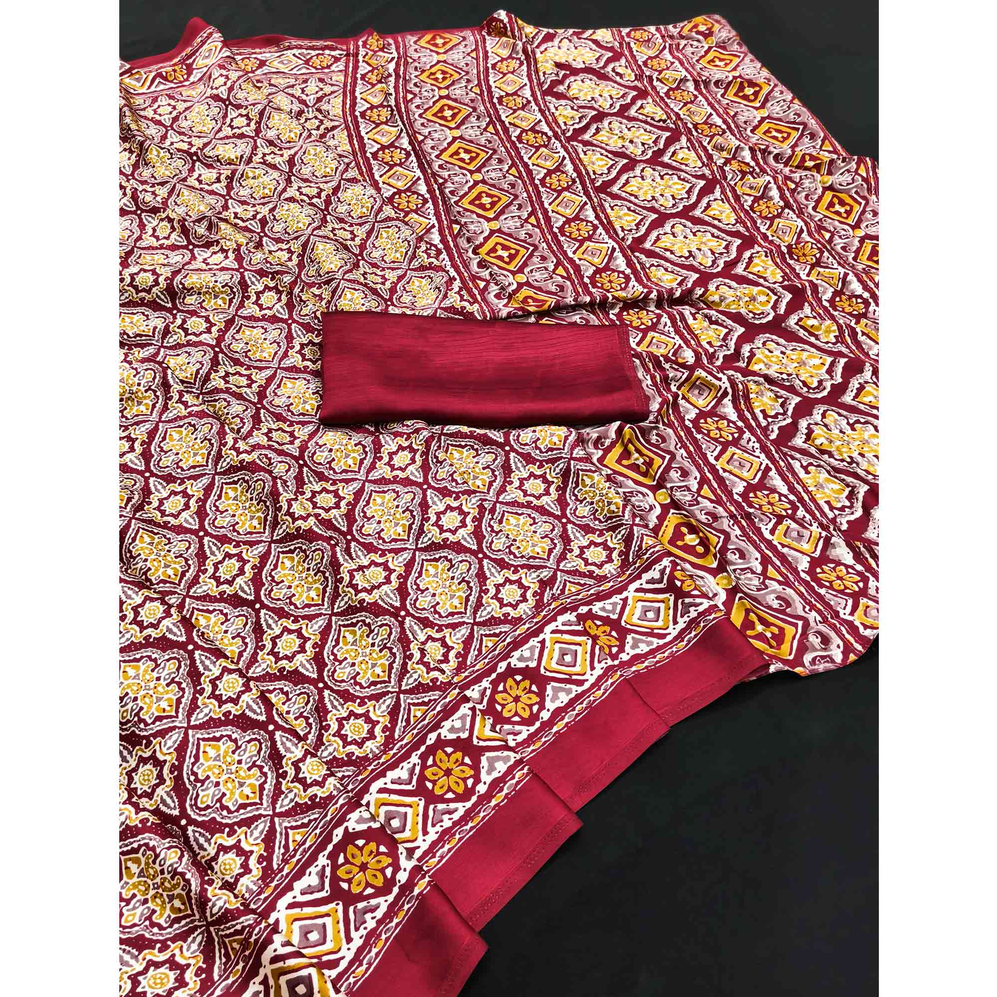 Charming Red Mill Printed Crepe Silk Saree Adorned With Vibrant Floral Design