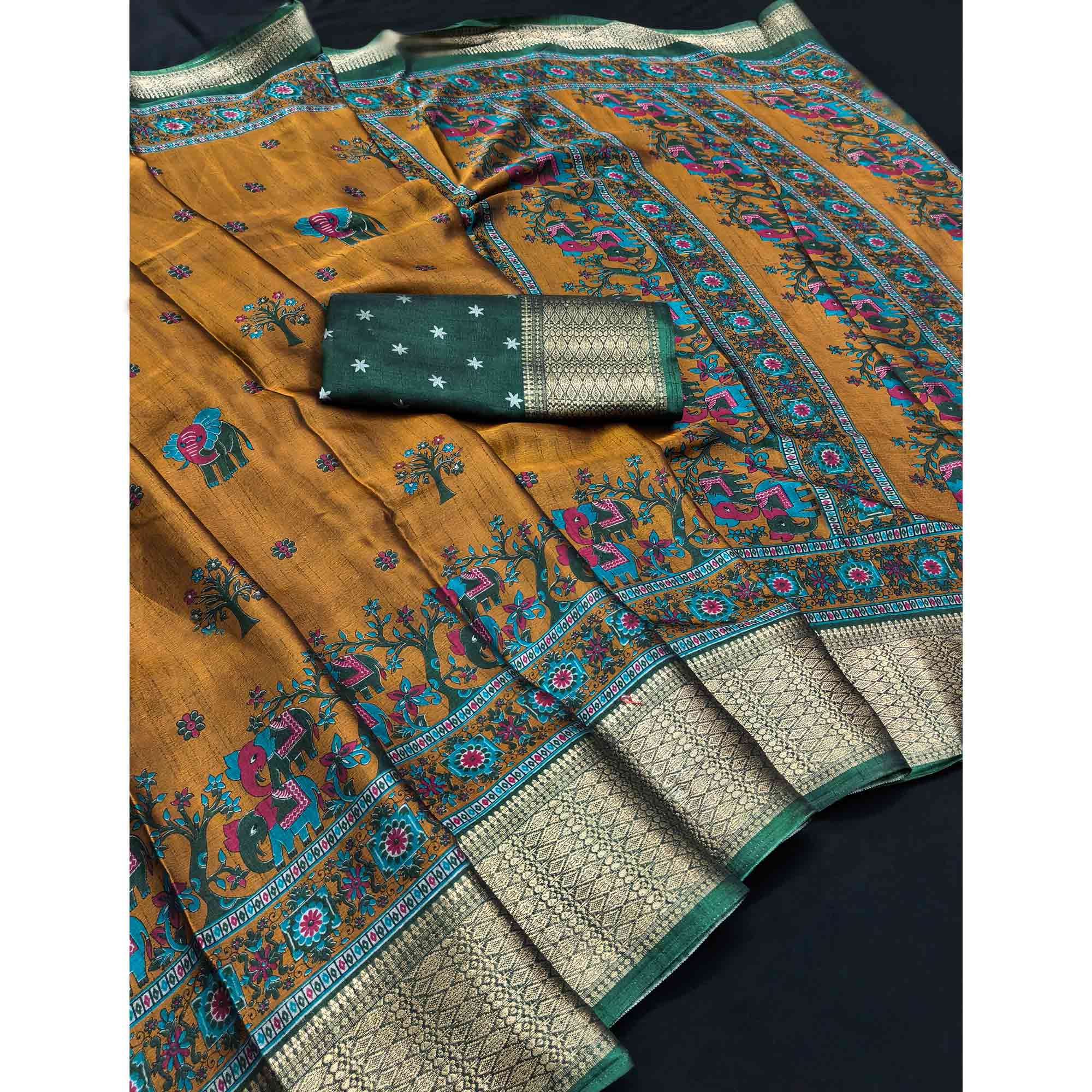 Majestic Mustard Elephant & Floral Printed Dola Silk Saree Featuring Intricate Weaving Border