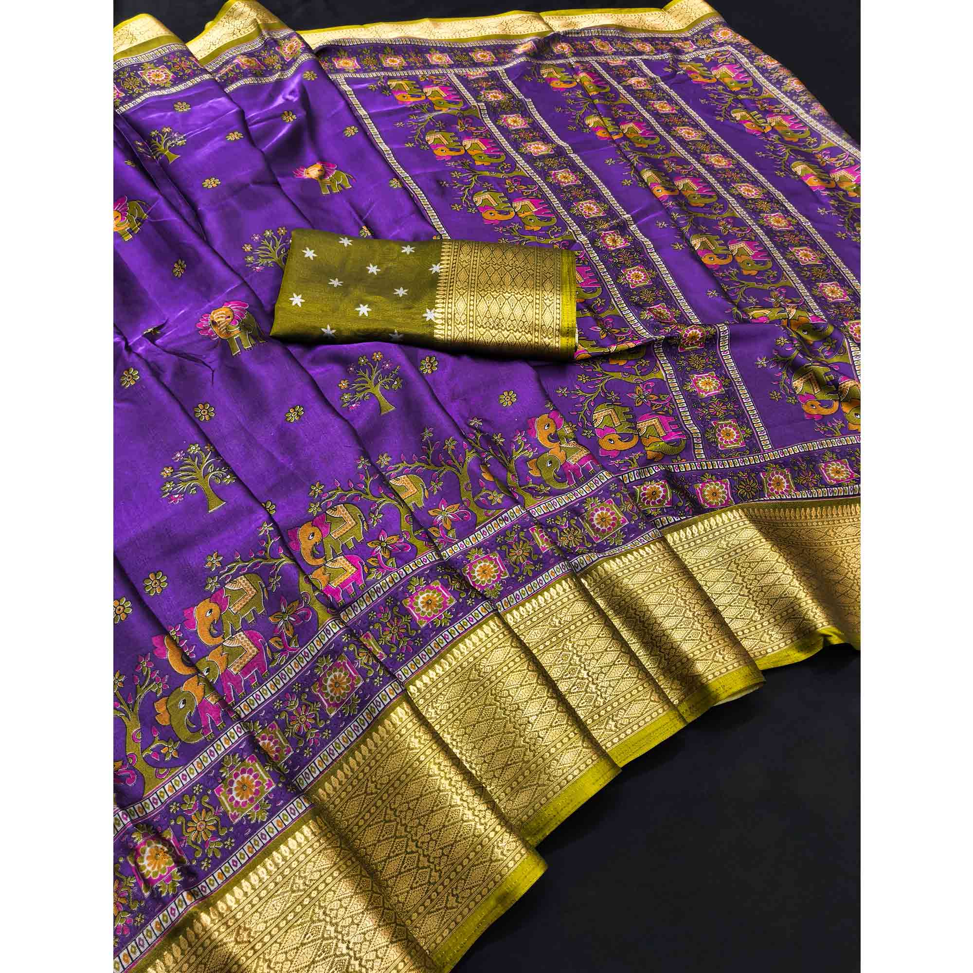 Majestic Purple Elephant & Floral Printed Dola Silk Saree Featuring Intricate Weaving Border