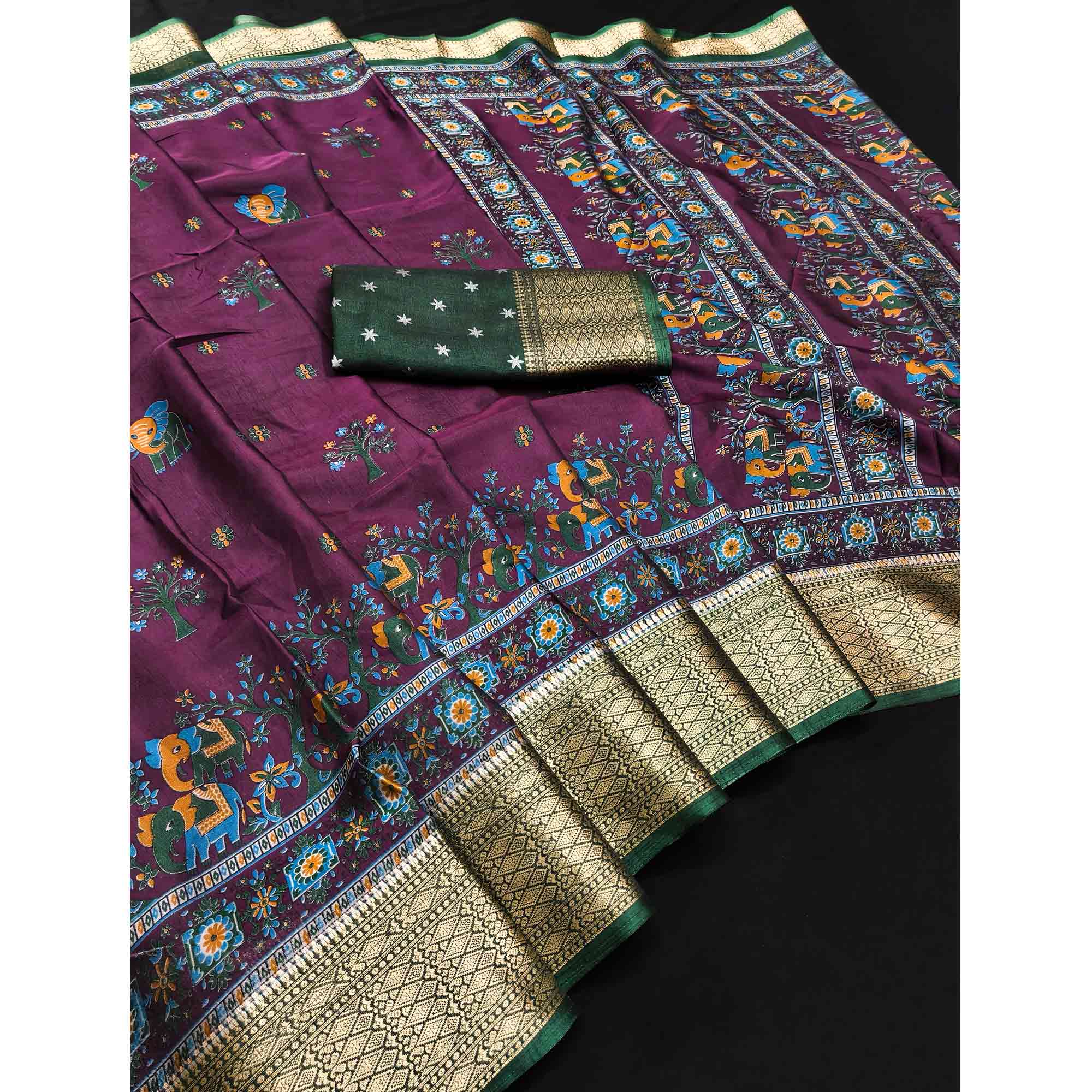 Majestic Wine Elephant & Floral Printed Dola Silk Saree Featuring Intricate Weaving Border