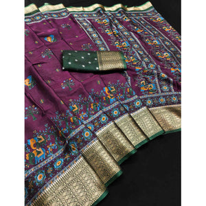 Majestic Wine Elephant & Floral Printed Dola Silk Saree Featuring Intricate Weaving Border