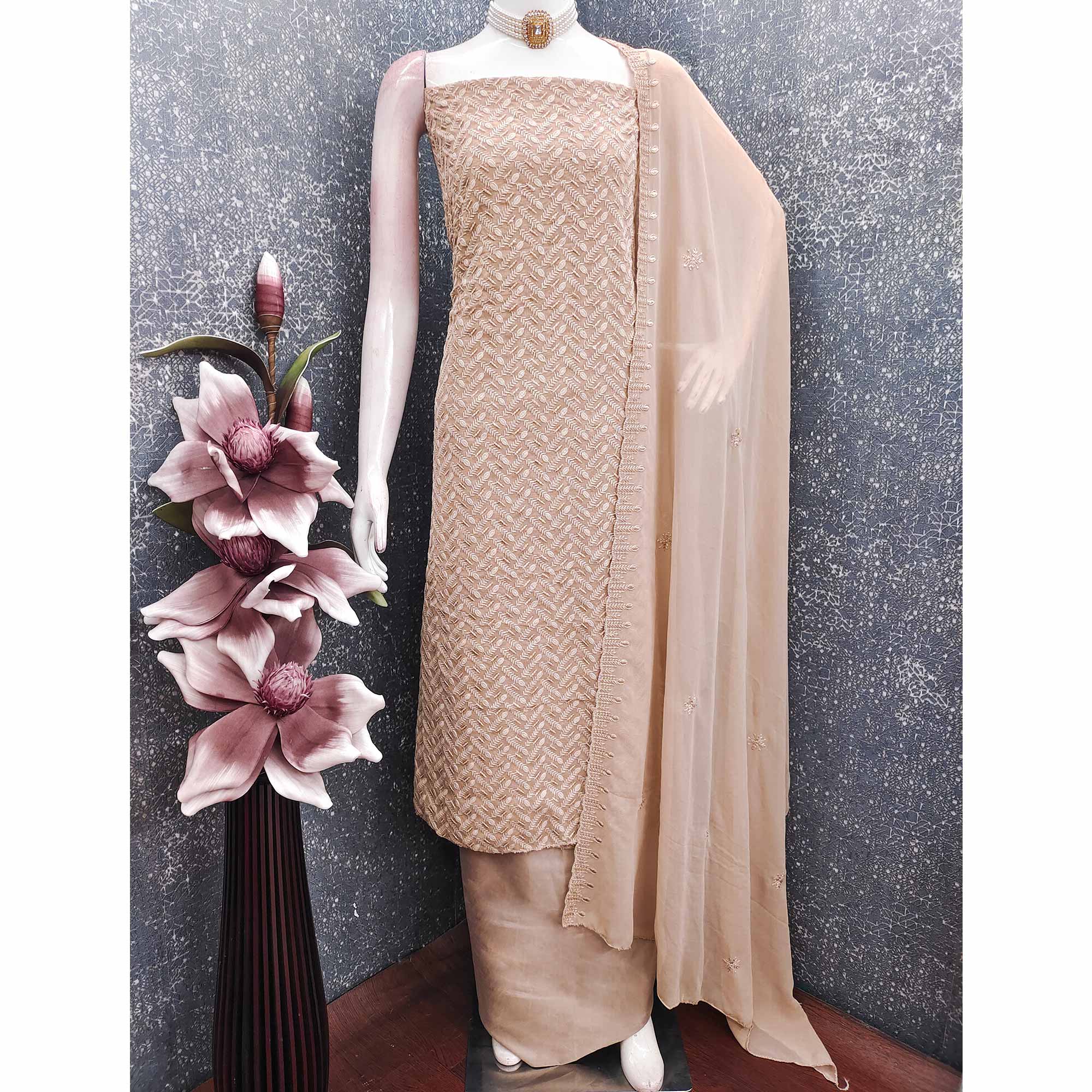 Lightweight Beige Georgette Dress Material Adorned with Beautiful Floral Embroidery