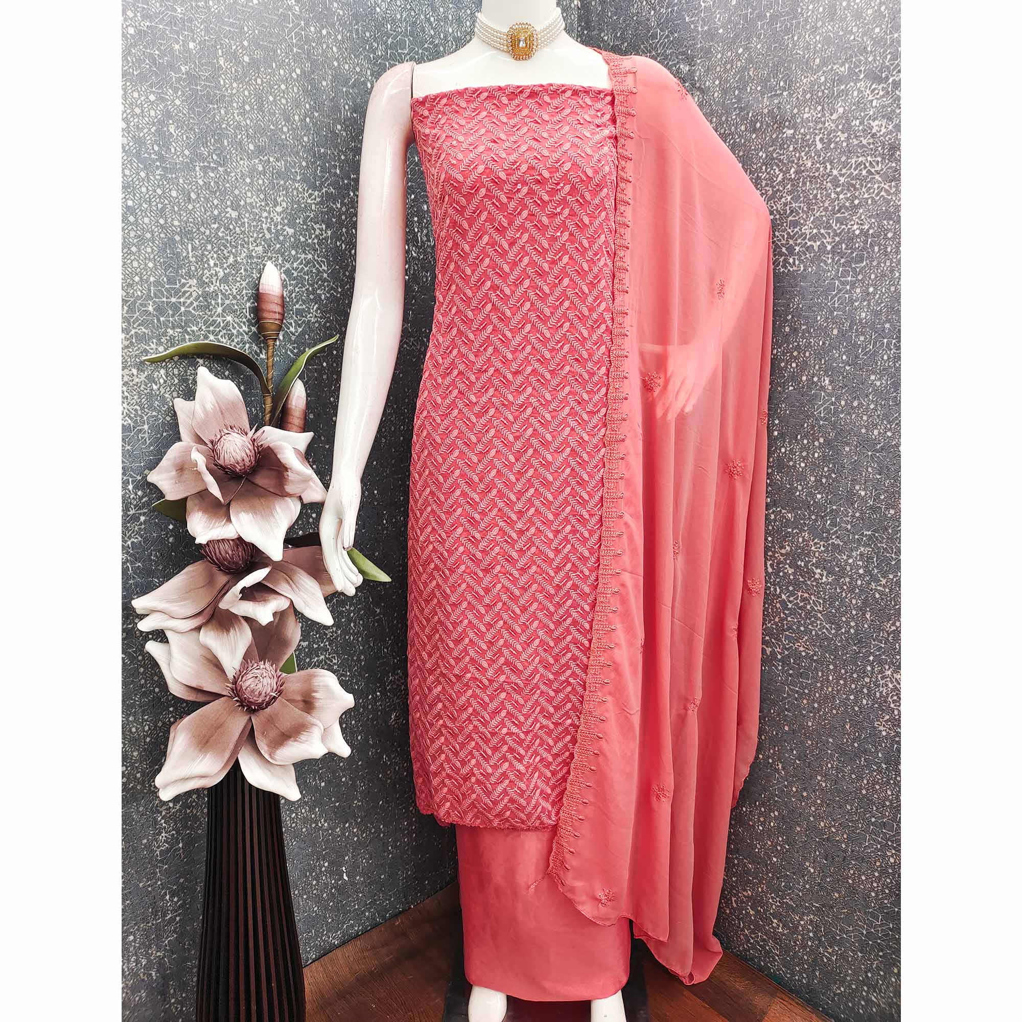 Lightweight Coral Pink Georgette Dress Material Adorned with Beautiful Floral Embroidery