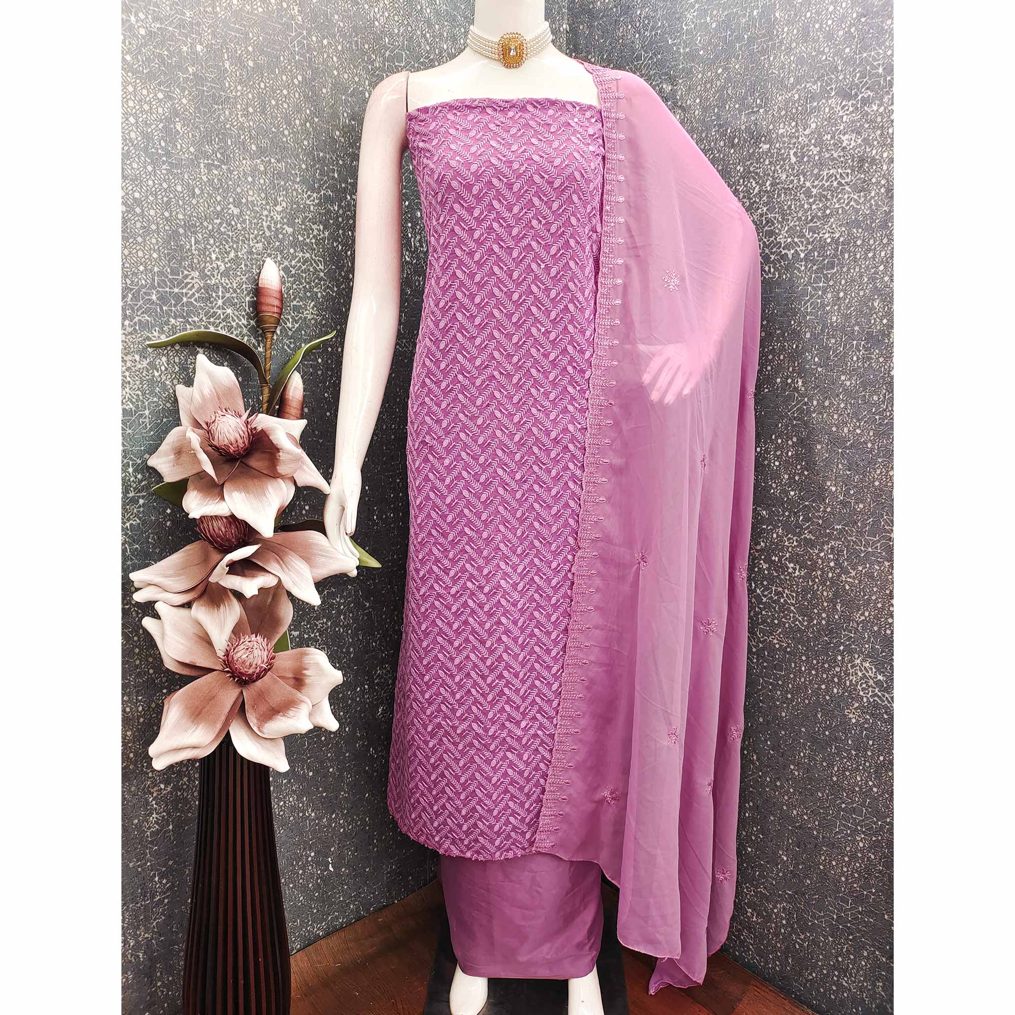 Lightweight Pink Georgette Dress Material Adorned with Beautiful Floral Embroidery