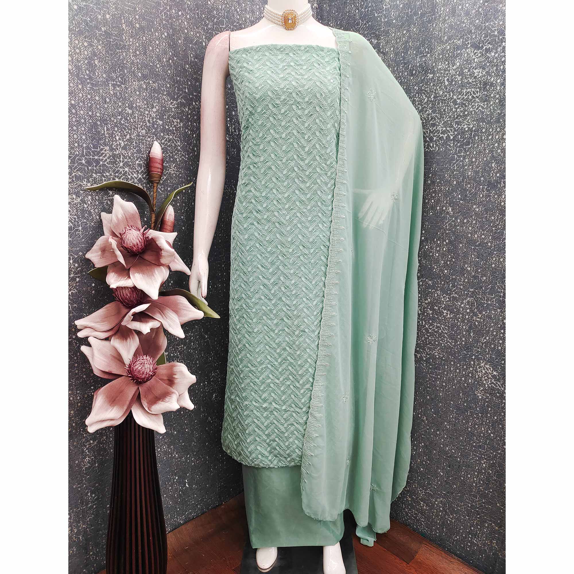 Lightweight Sage Green Georgette Dress Material Adorned with Beautiful Floral Embroidery