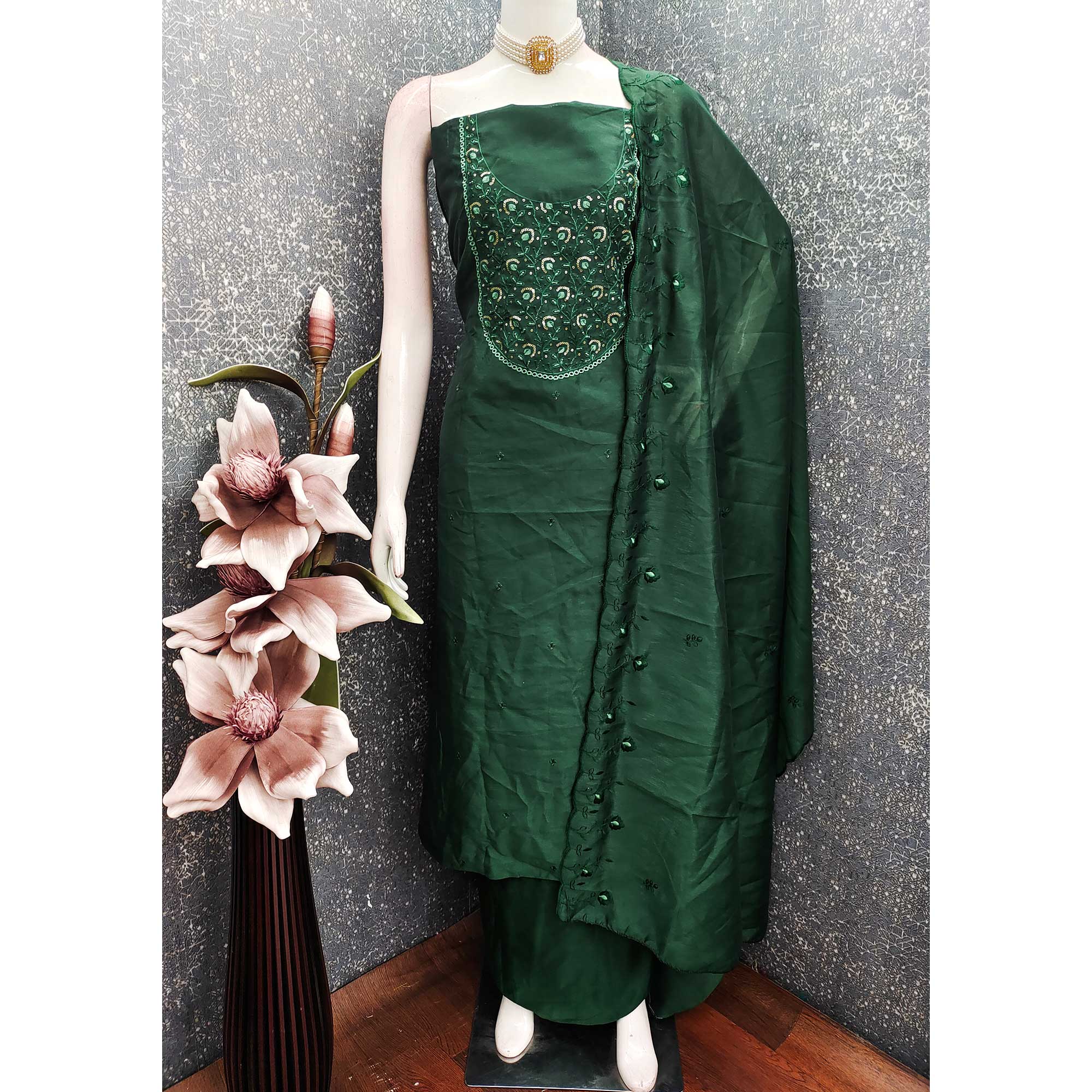 Beautiful Green Art Silk Unstitched Suit Material Decorated with Fine Floral Embroidery Work