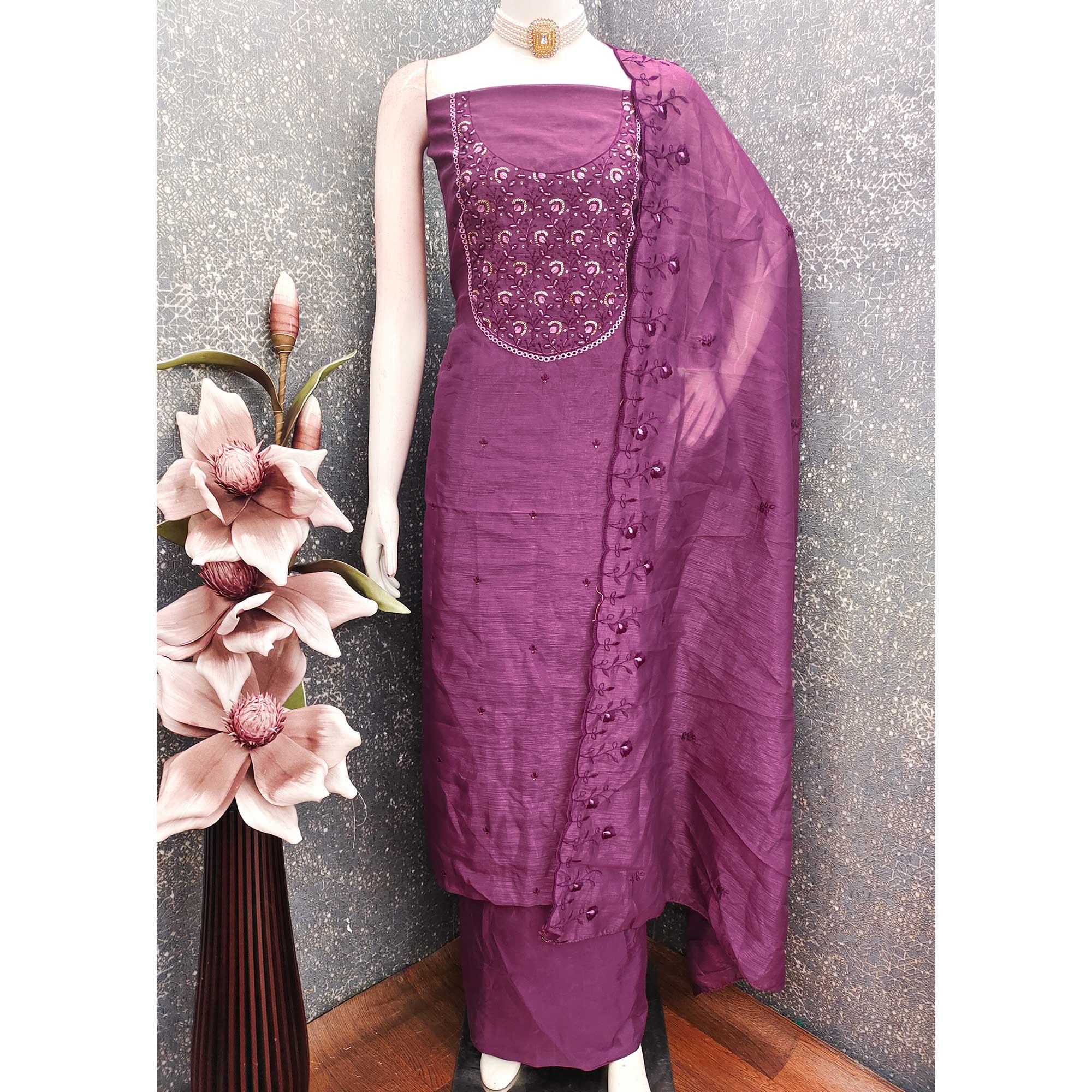 Beautiful Purple Art Silk Unstitched Suit Material Decorated with Fine Floral Embroidery Work