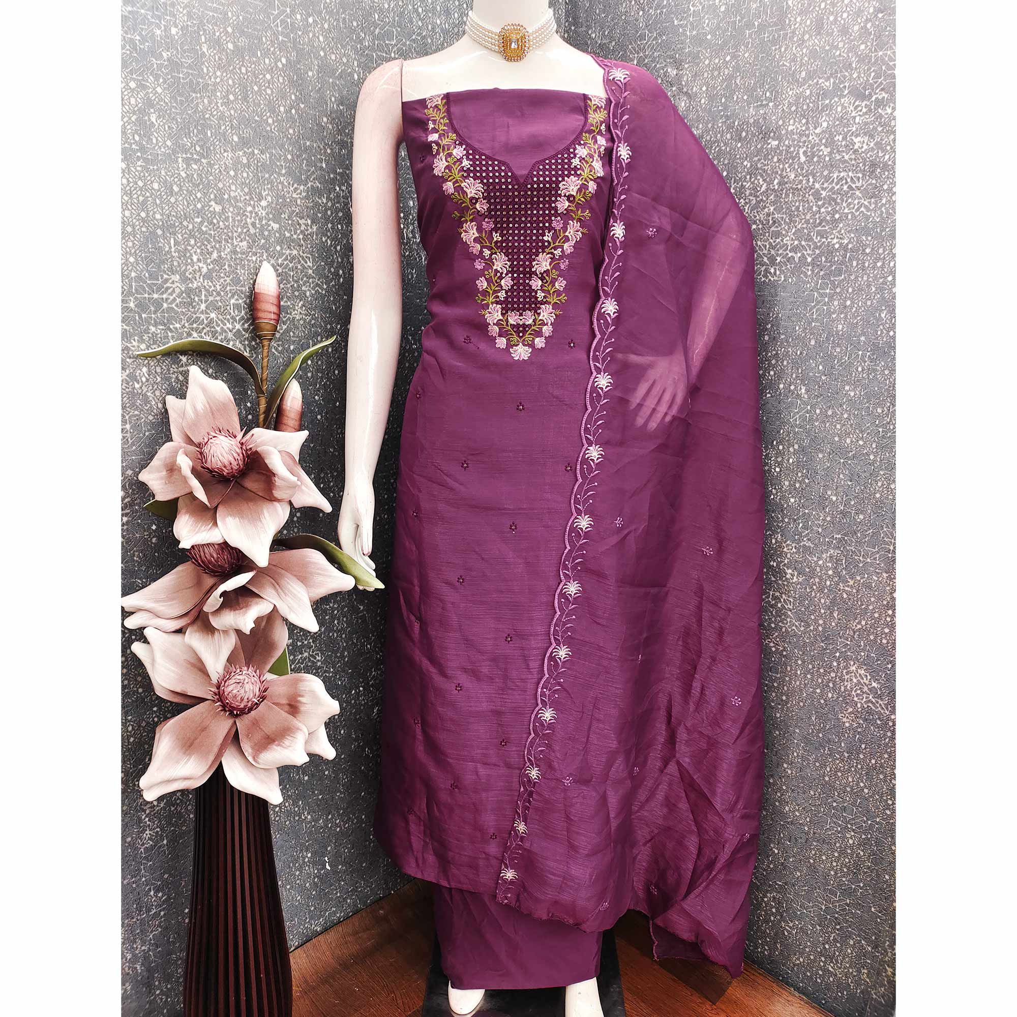 Purple Floral Embroidered Art Silk Suit Material Ideal for Festive and Celebration Looks