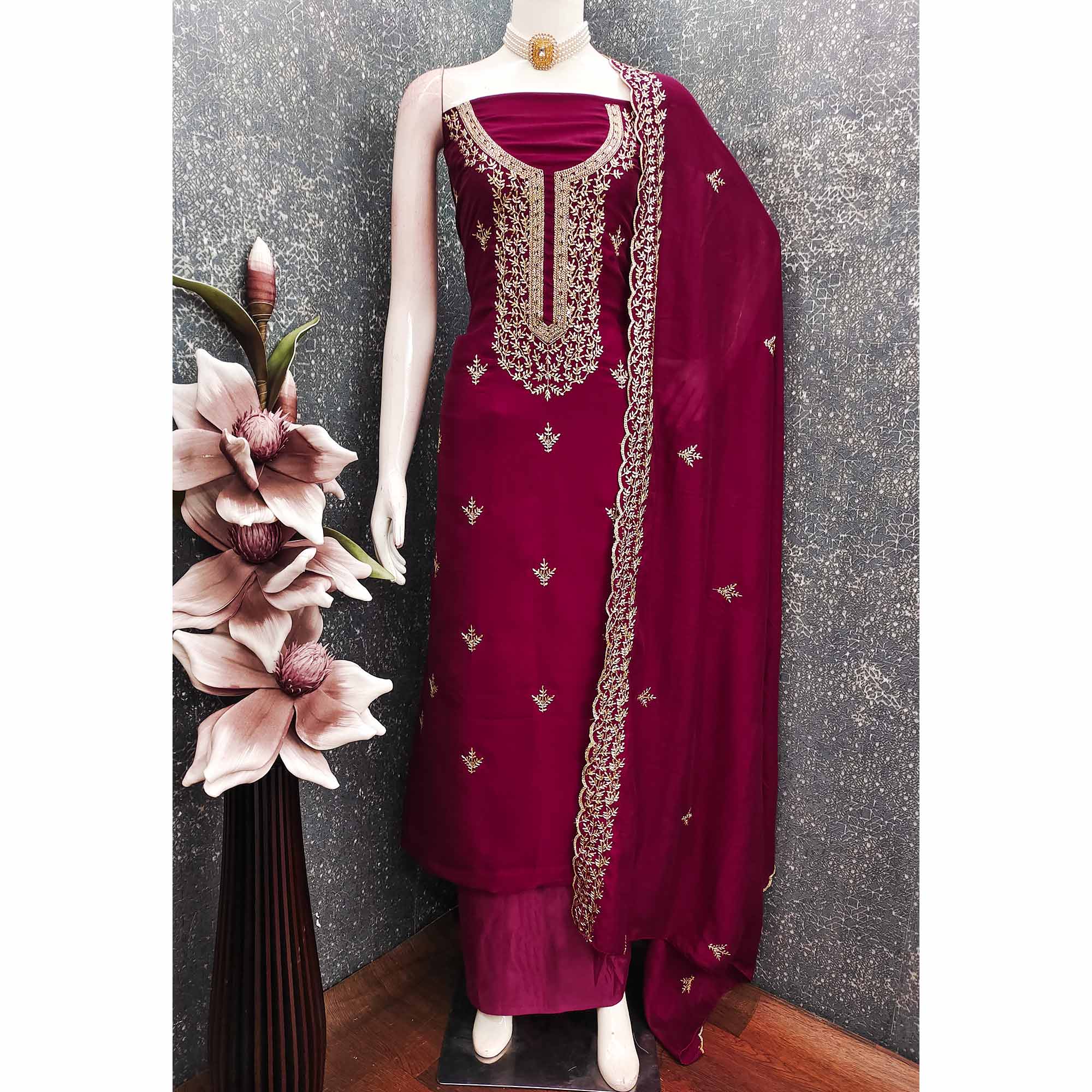 Elegant Dark Rani Pink Zari Embroidery & Sequins Embellished Vichitra Silk Dress Material