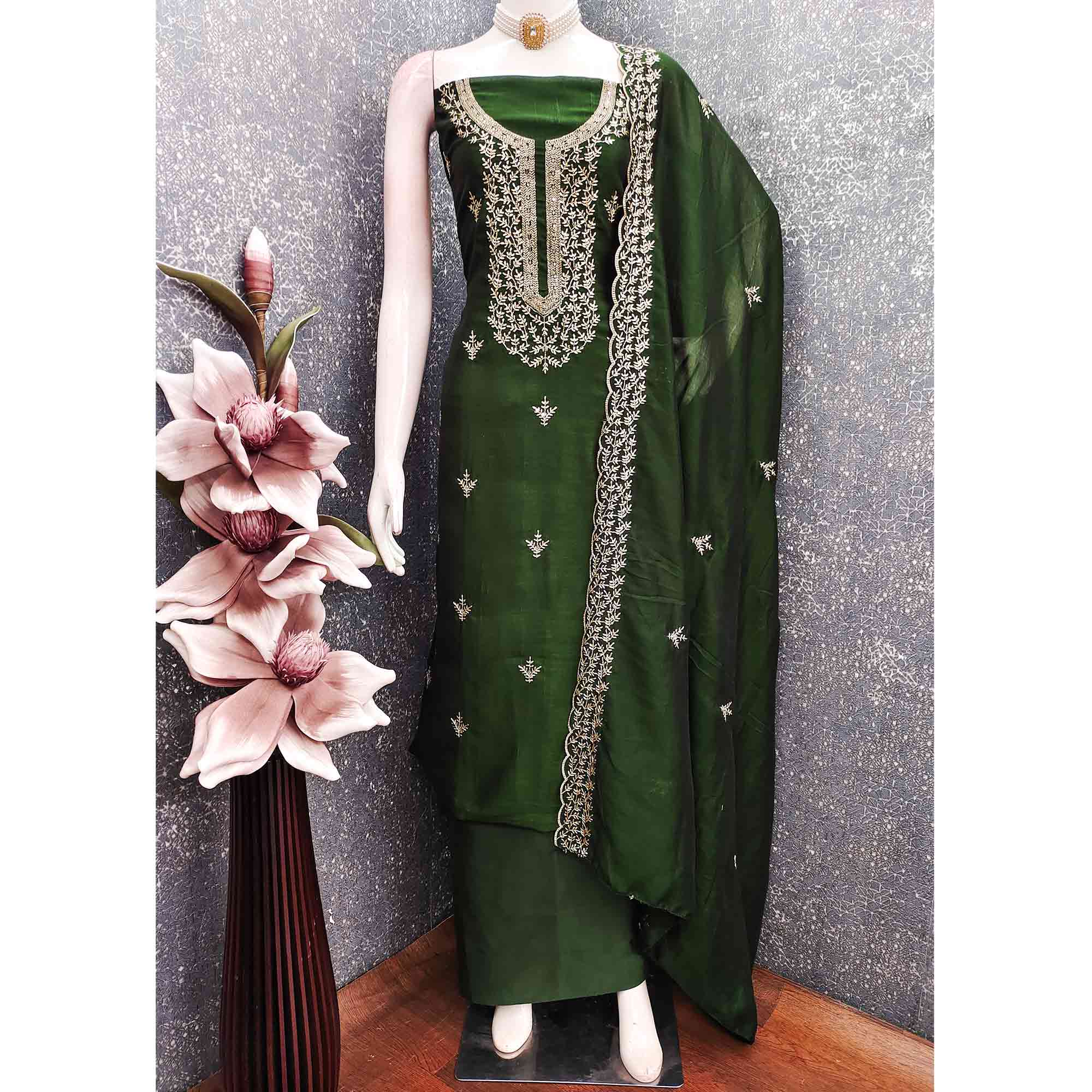 Elegant Green Zari Embroidery & Sequins Embellished Vichitra Silk Dress Material