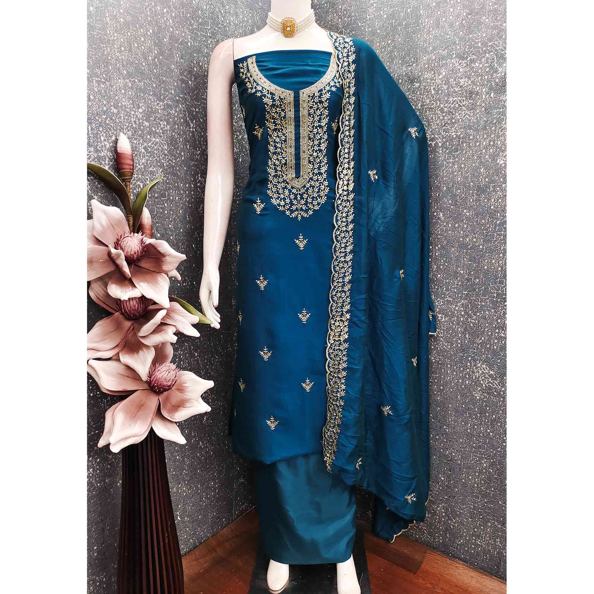Elegant Morpich Blue Zari Embroidery & Sequins Embellished Vichitra Silk Dress Material