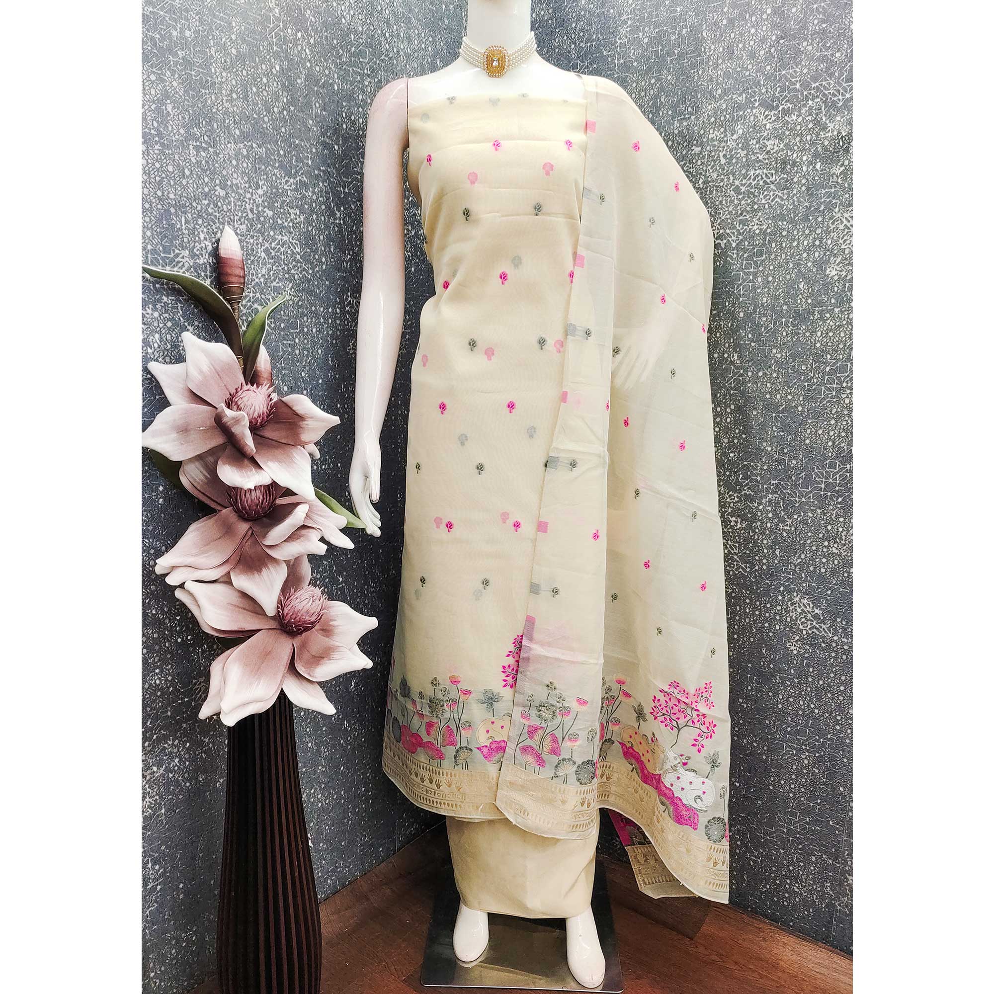 Premium Cream Chanderi Silk Weaving Dress Material With Artistic Floral & Animal Motifs