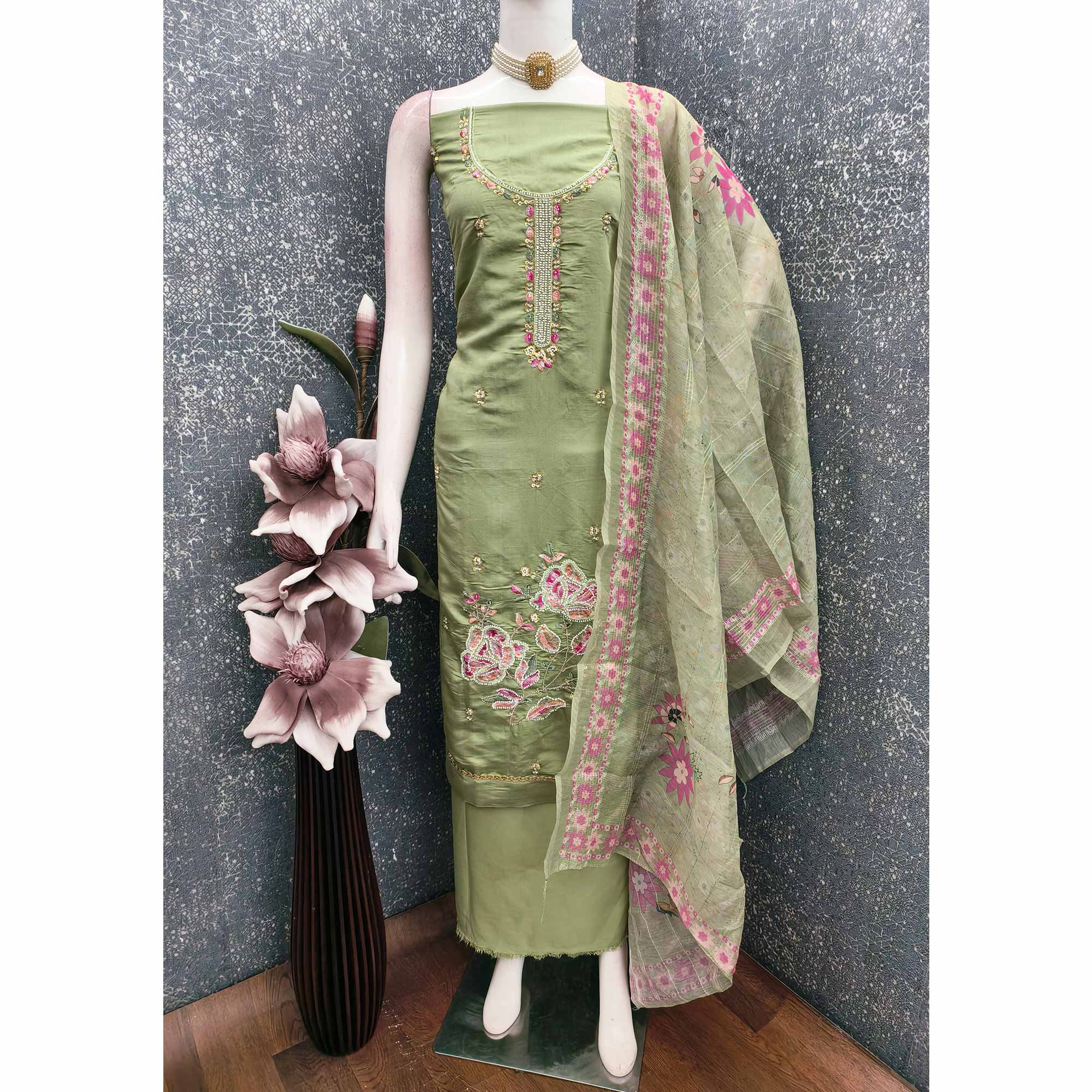 Green Embroidered Chanderi Silk Unstitched Dress Material with Delicate Beads Work