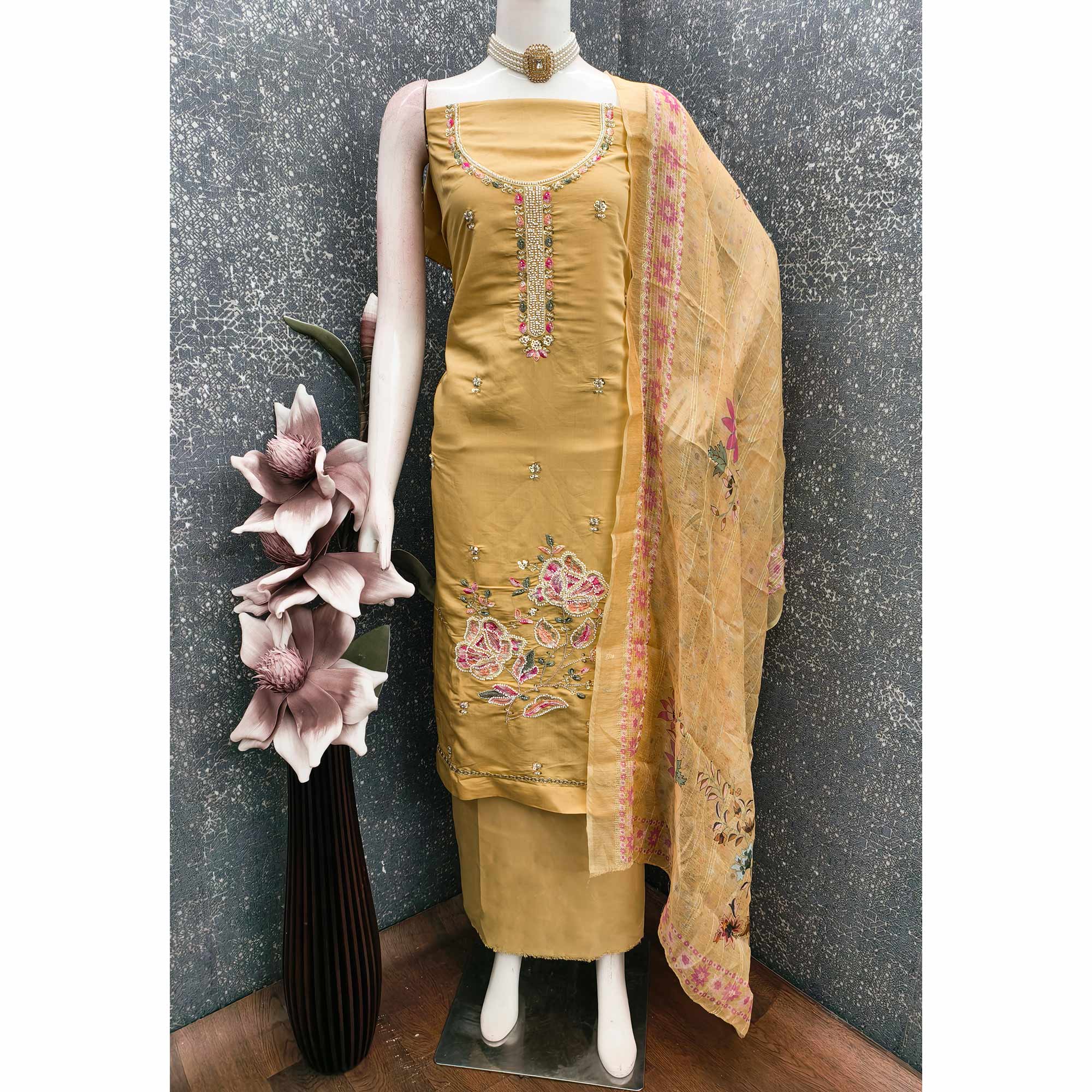 Mustard Embroidered Chanderi Silk Unstitched Dress Material with Delicate Beads Work