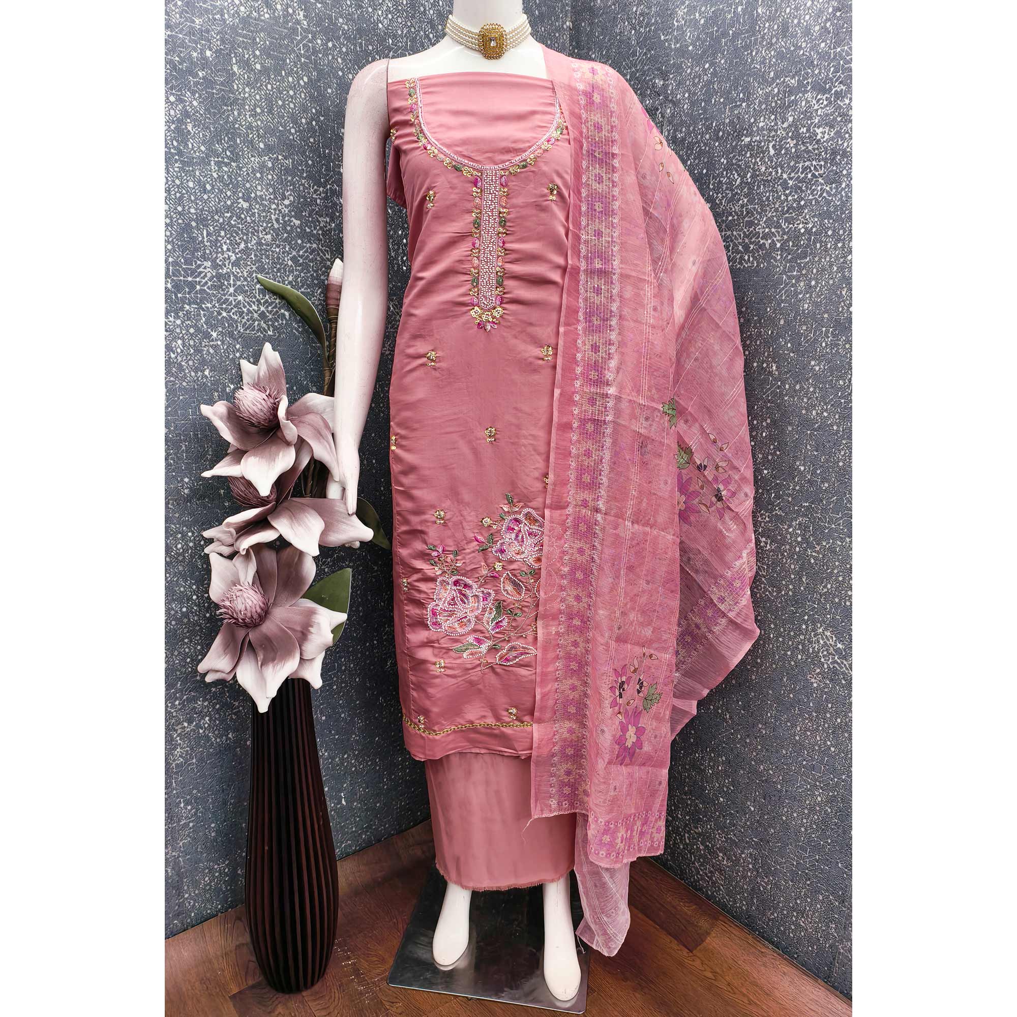 Rose Pink Embroidered Chanderi Silk Unstitched Dress Material with Delicate Beads Work