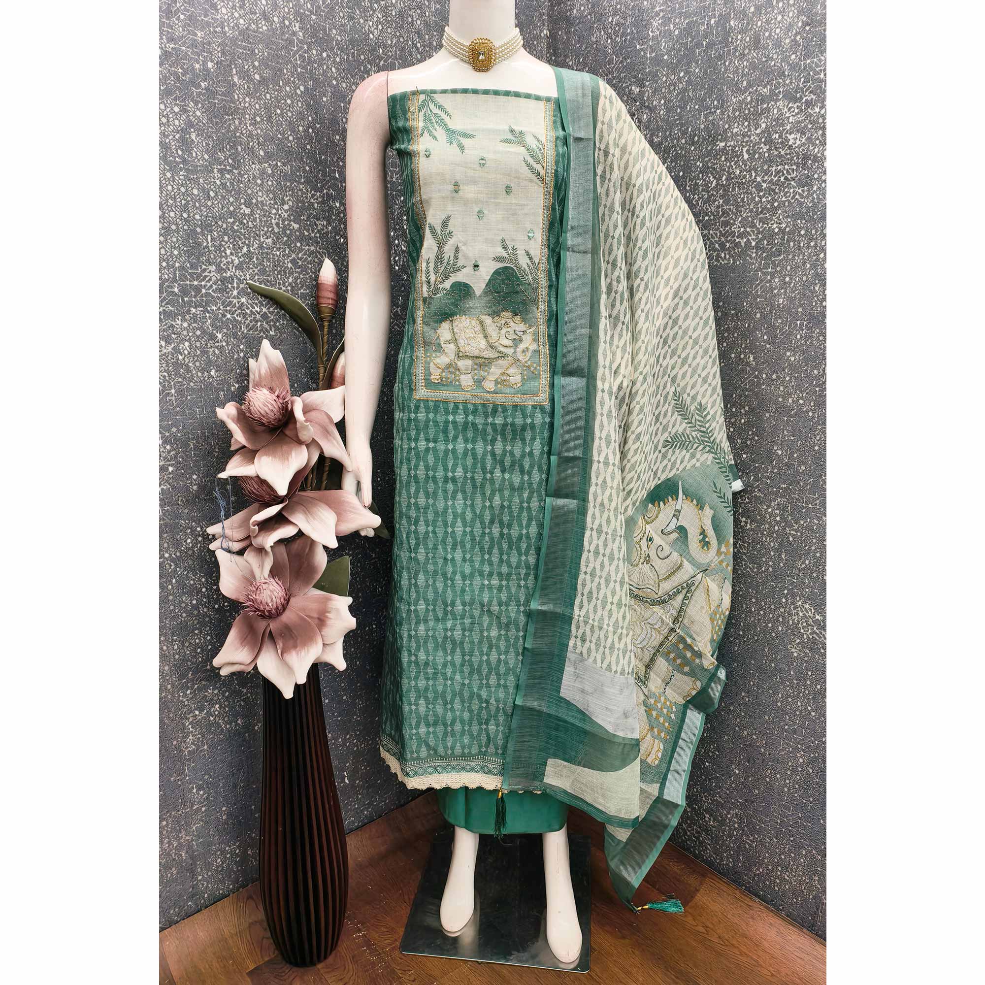 Rama Green Premium Woven Linen Dress Material for Comfortable Styling