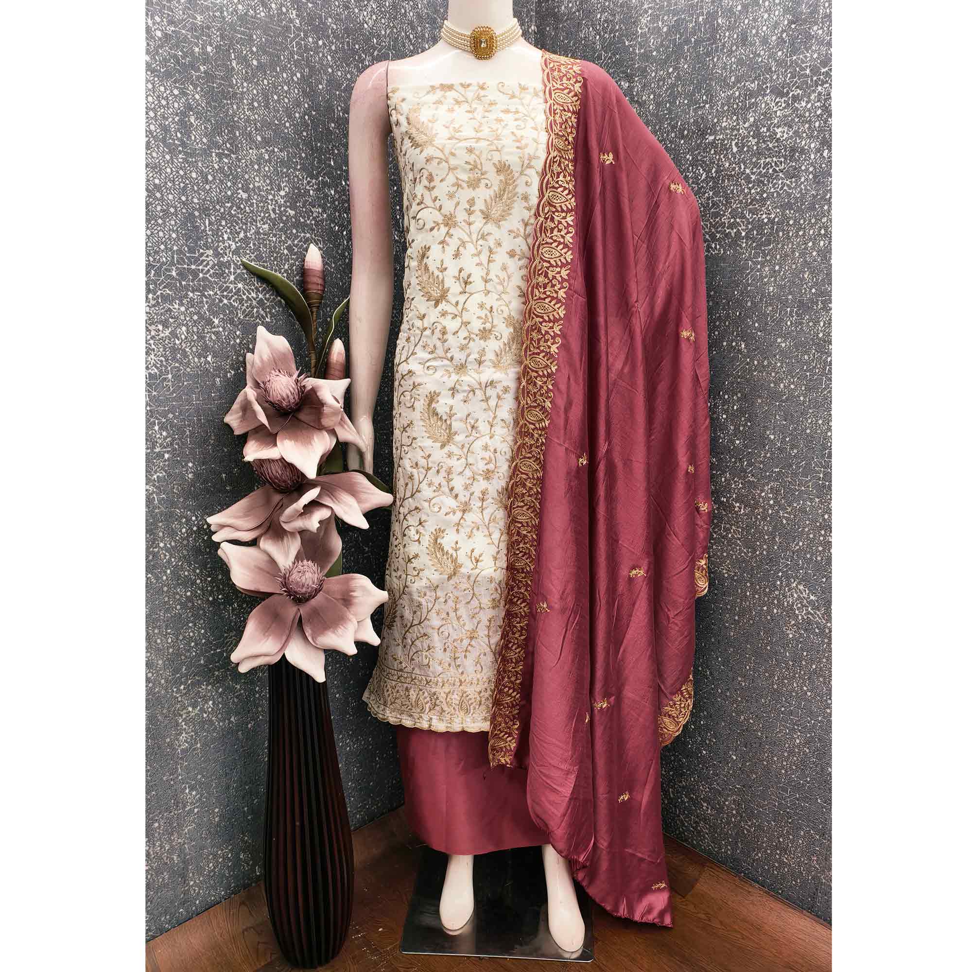 Cream & Maroon Lustrous Vichitra Silk Dress Material Accented with Artistic Thread Embroidery