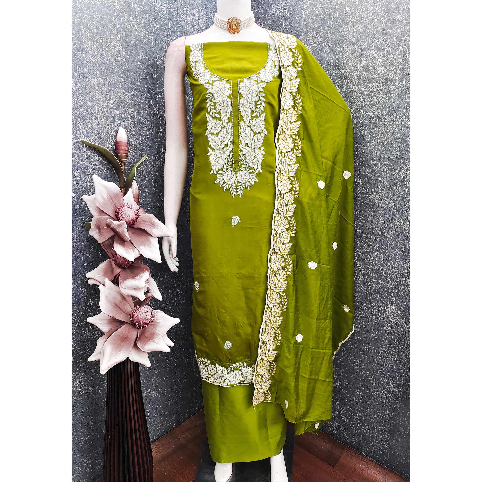 Mehendi Green Rich Viscose Dress Material Highlighted with Refined Floral Thread Embroidery