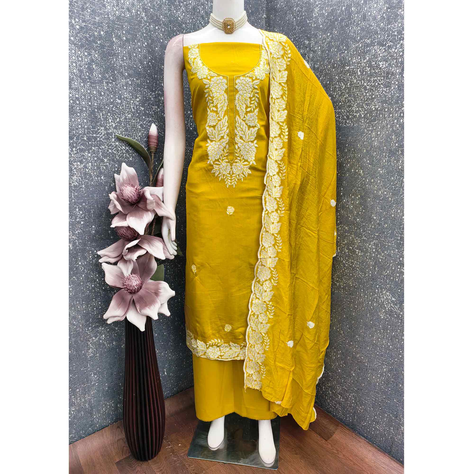 Mustard Rich Viscose Dress Material Highlighted with Refined Floral Thread Embroidery