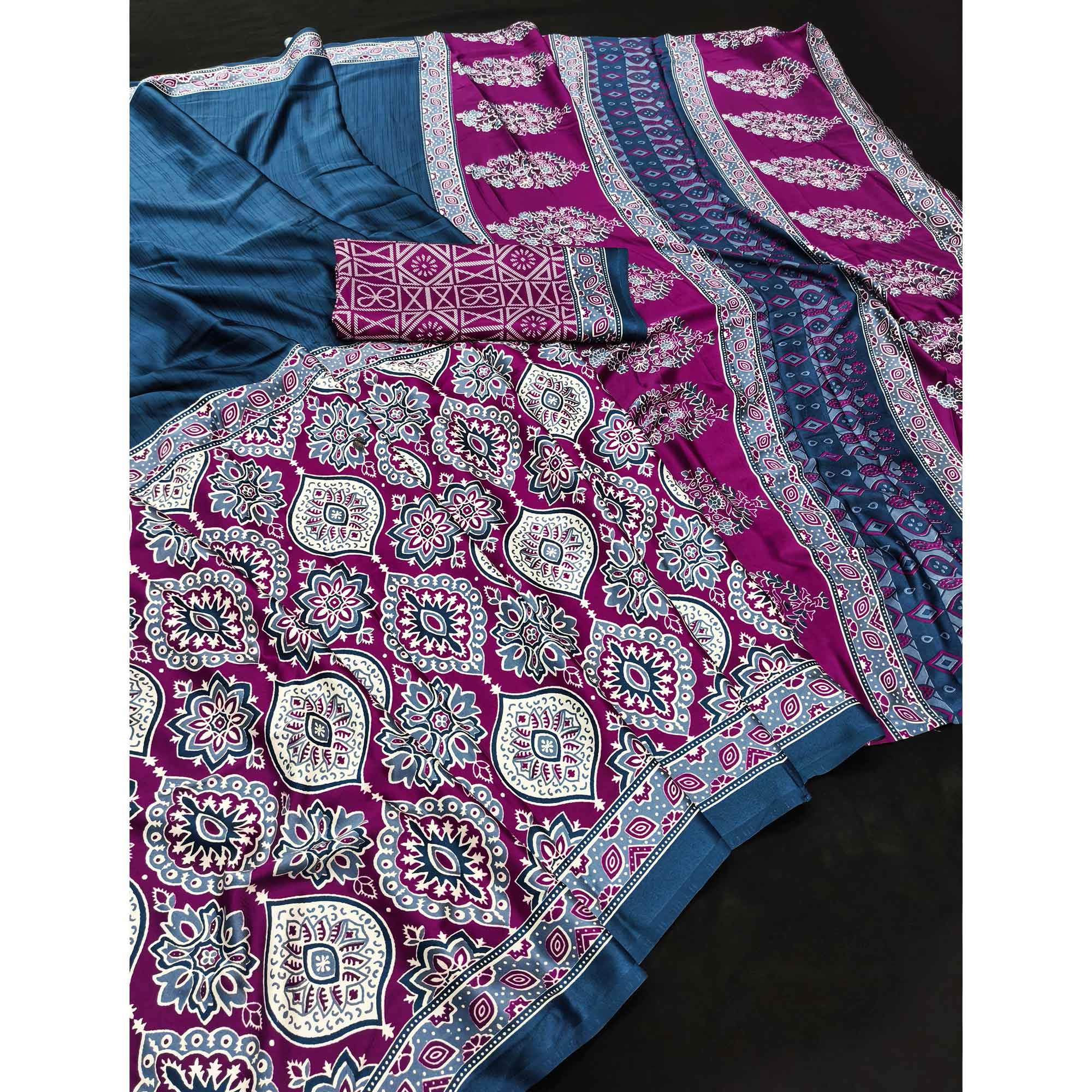 Blue Premium Crepe Silk Lightweight Saree Adorned with Classic Ajrakh Patterns