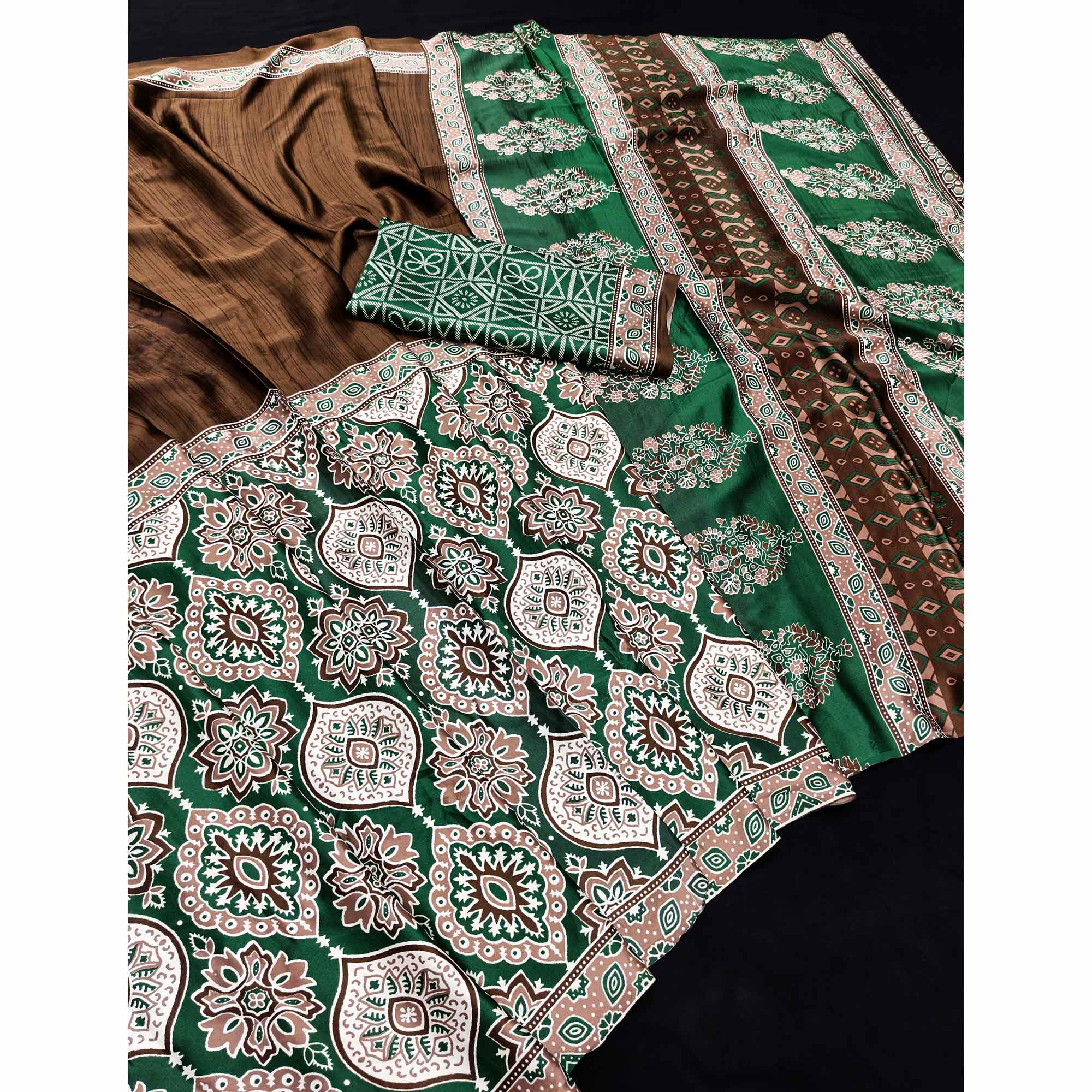 Brown Premium Crepe Silk Lightweight Saree Adorned with Classic Ajrakh Patterns