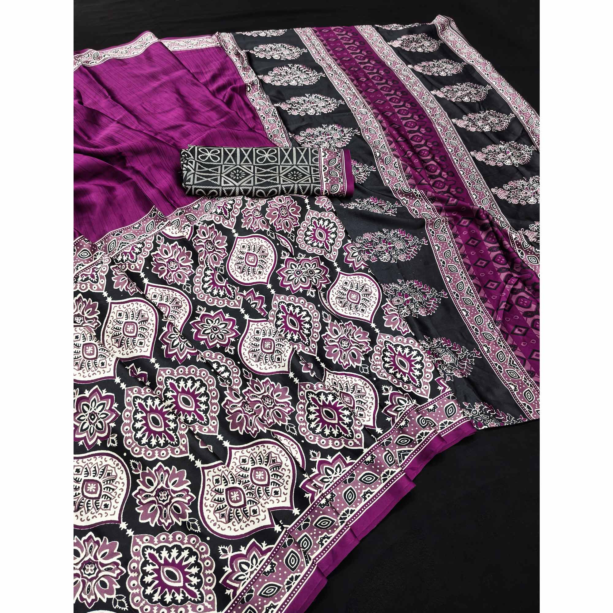 Purple Premium Crepe Silk Lightweight Saree Adorned with Classic Ajrakh Patterns