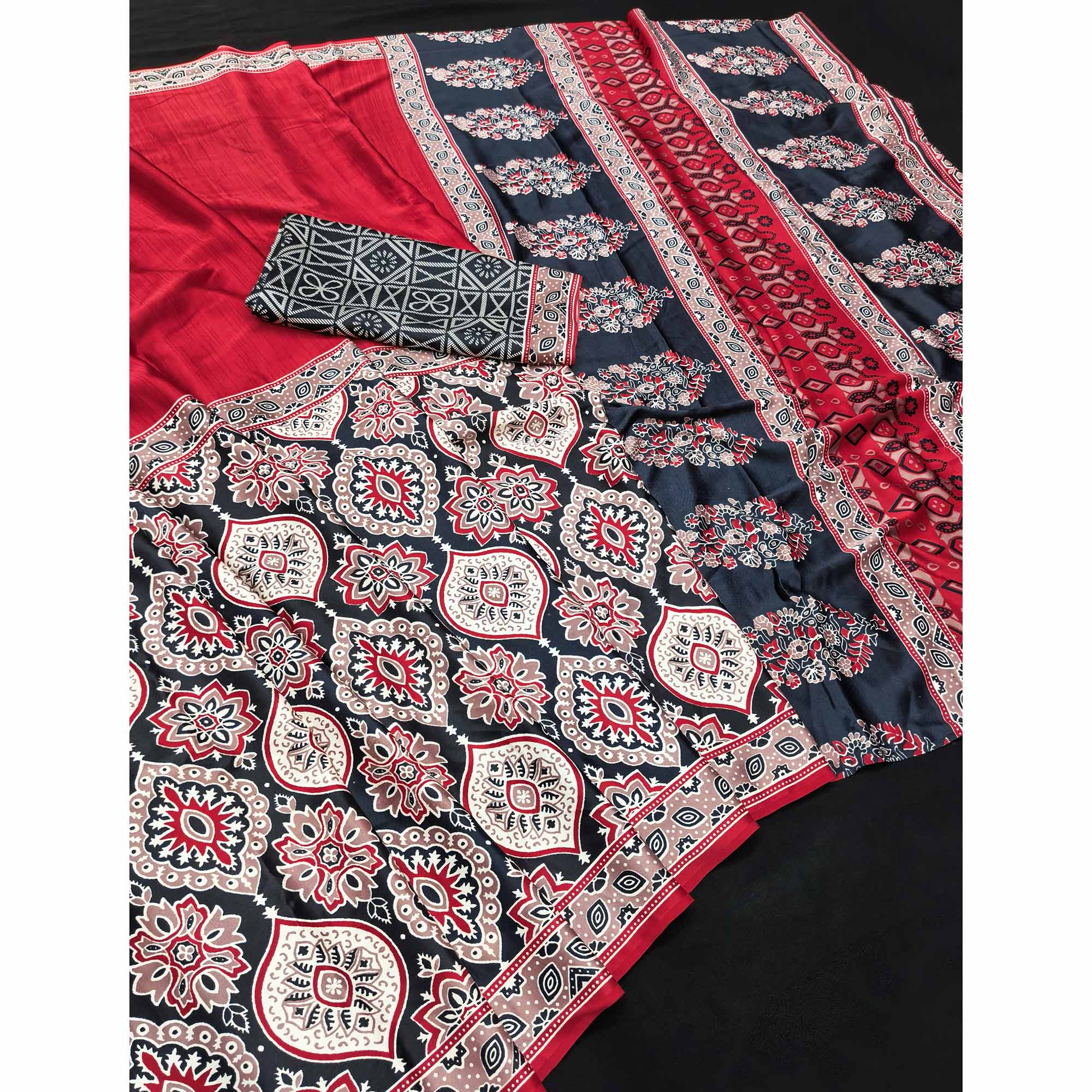 Red Premium Crepe Silk Lightweight Saree Adorned with Classic Ajrakh Patterns