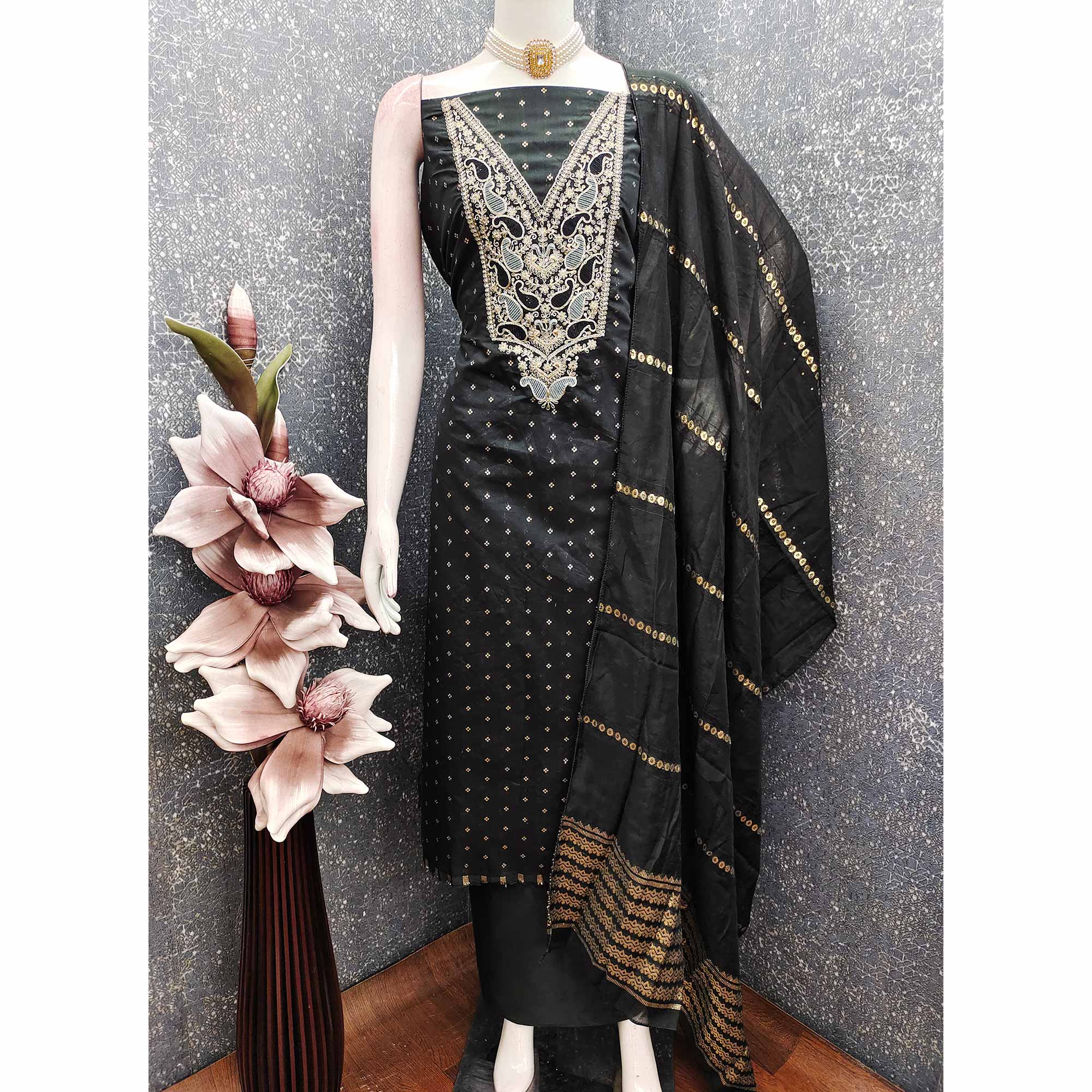 Black Weaving Chanderi Silk Dress Material Adorned With Cording Embroidery & Sequins Work