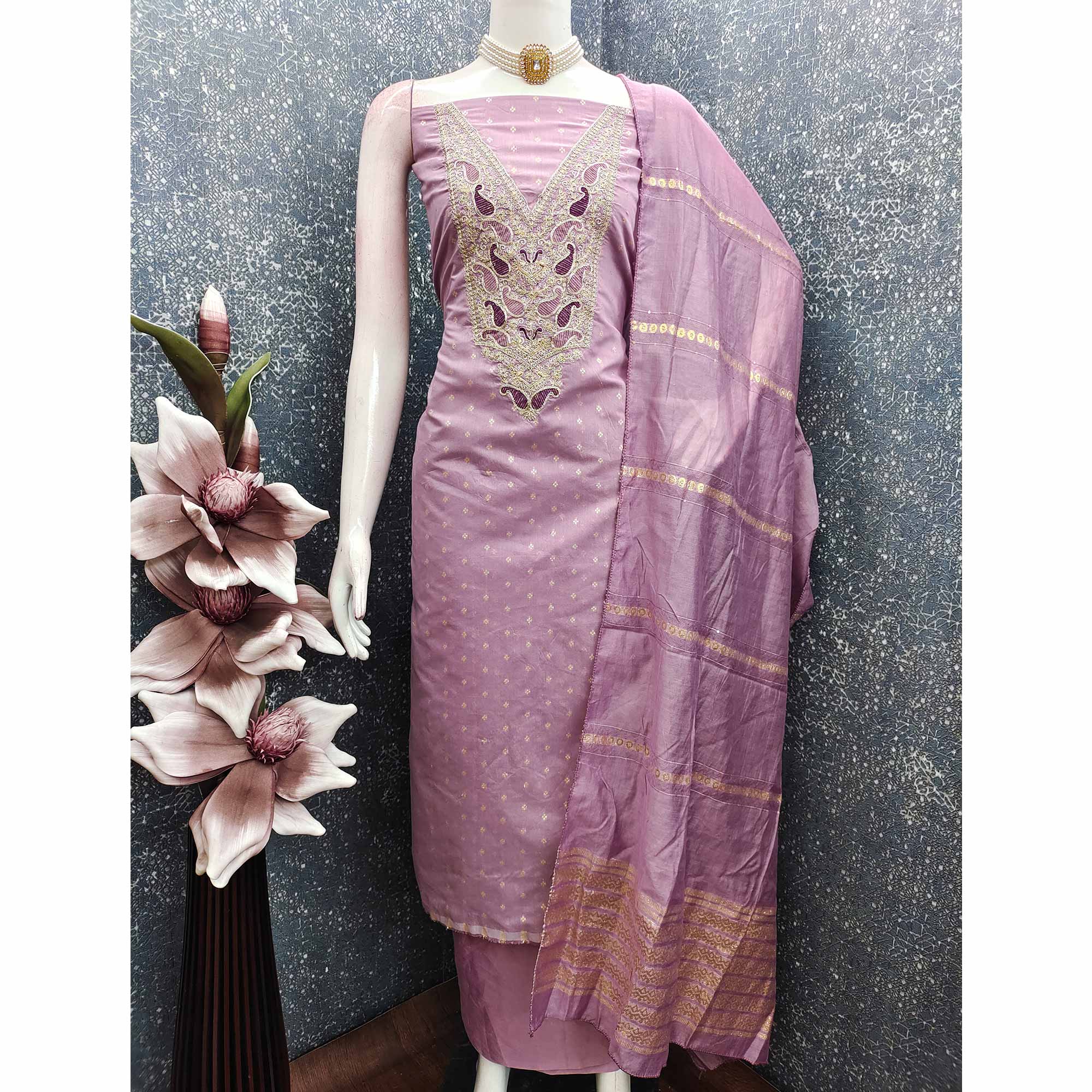 Lavender Weaving Chanderi Silk Dress Material Adorned With Cording Embroidery & Sequins Work