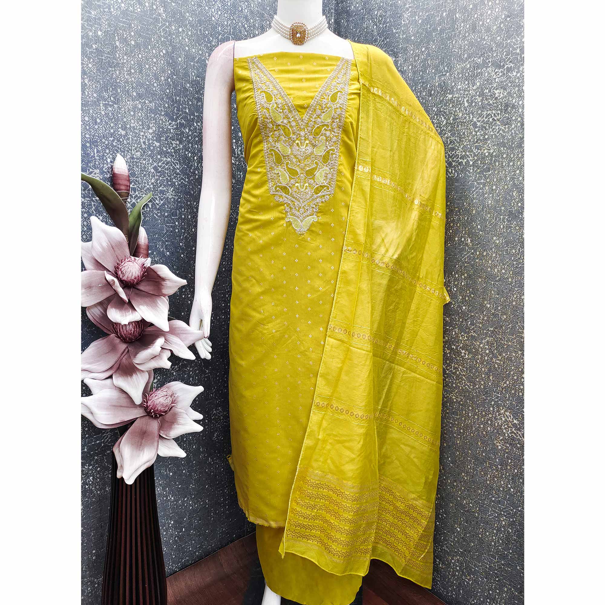 Lemon Yellow Weaving Chanderi Silk Dress Material Adorned With Cording Embroidery & Sequins Work