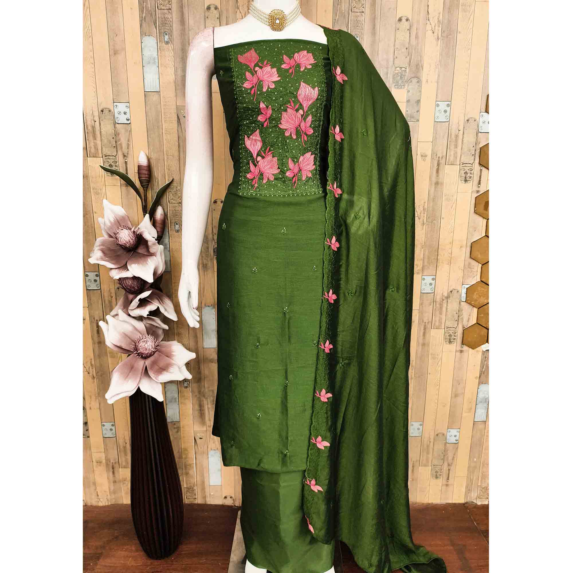 Green Floral Embroidered Vichitra Silk Dress Material for Elegant Ethnic Styling
